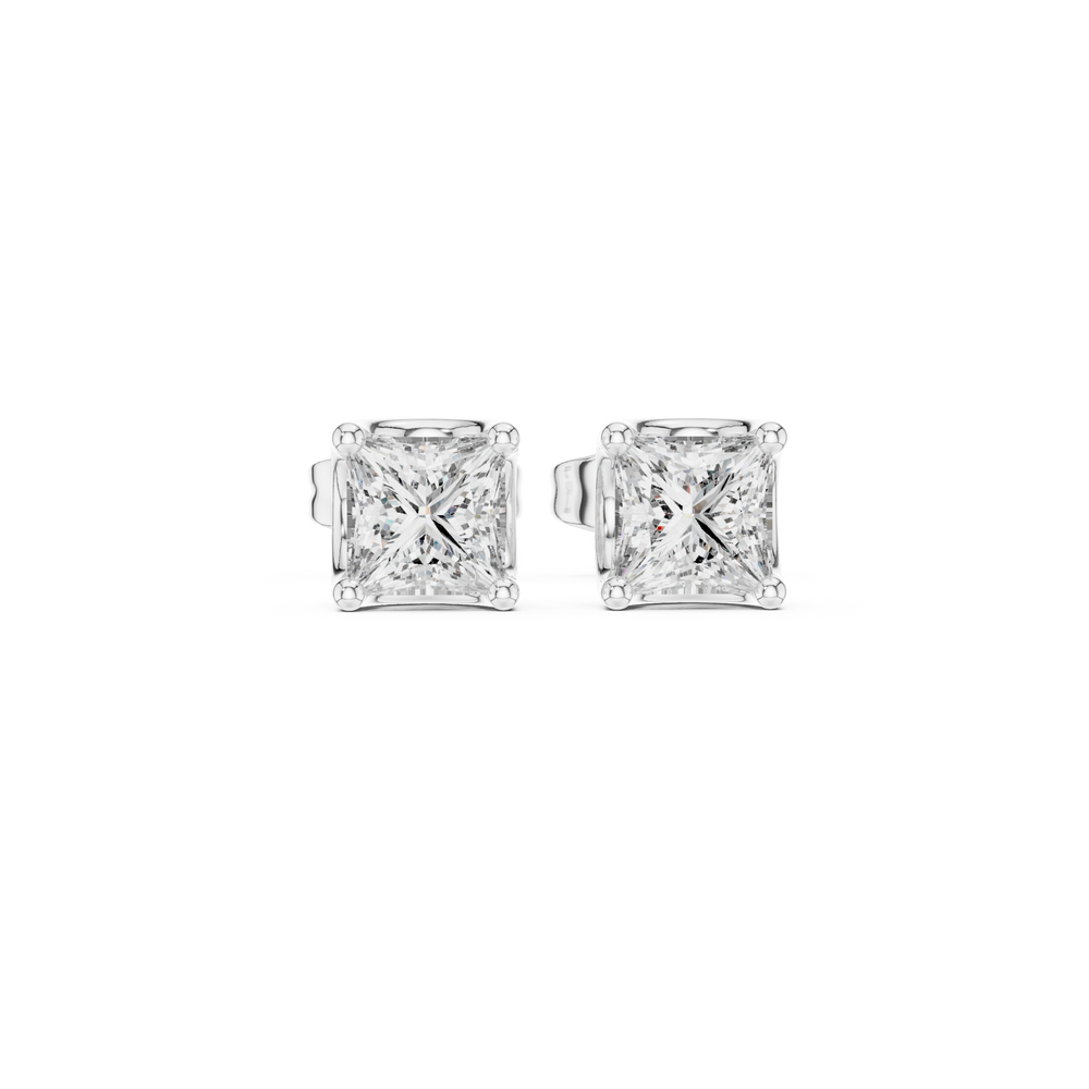 Princess cut solitaire stud earrings with large four prong set square princess cut centre stone