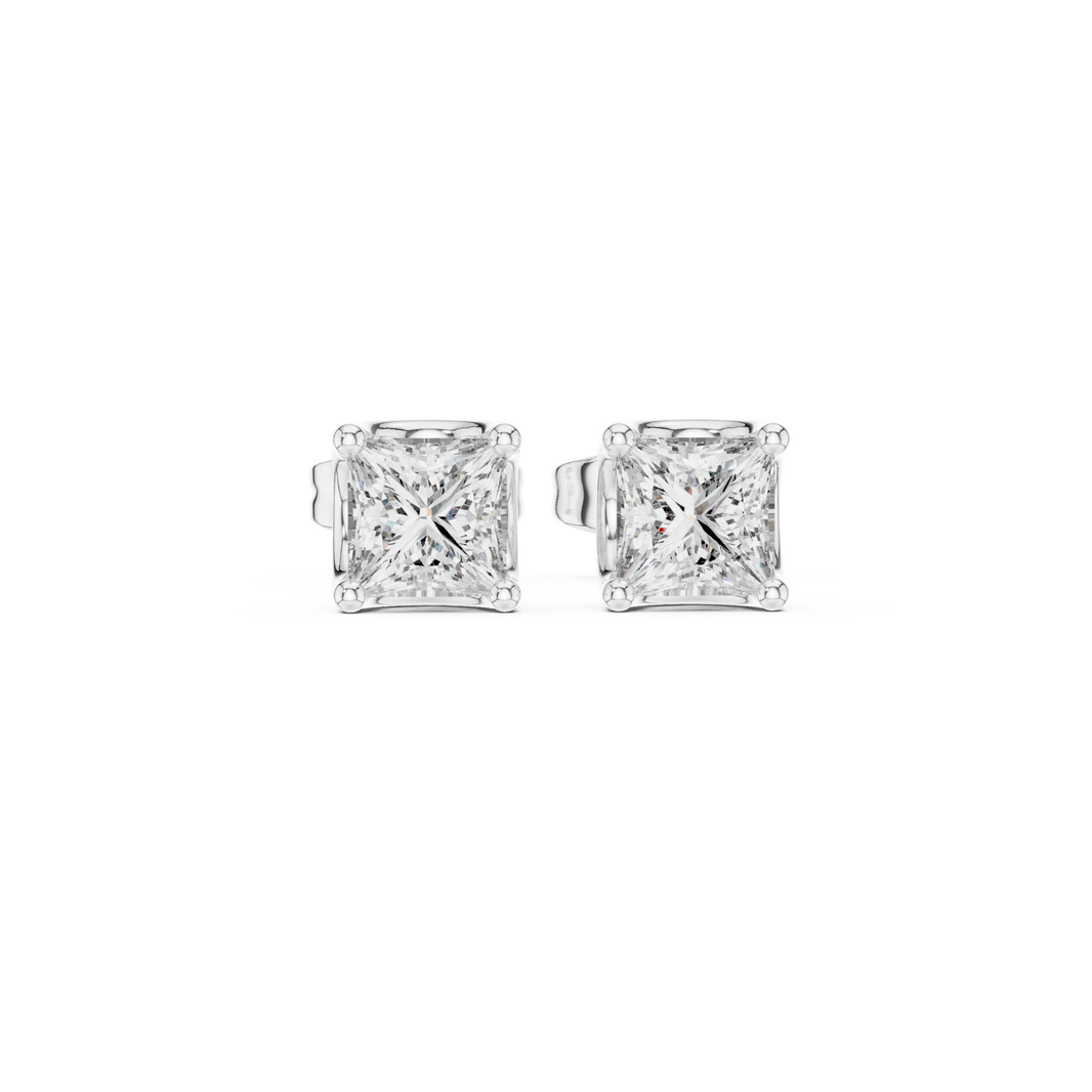 Princess cut solitaire stud earrings with large four prong set square princess cut centre stone