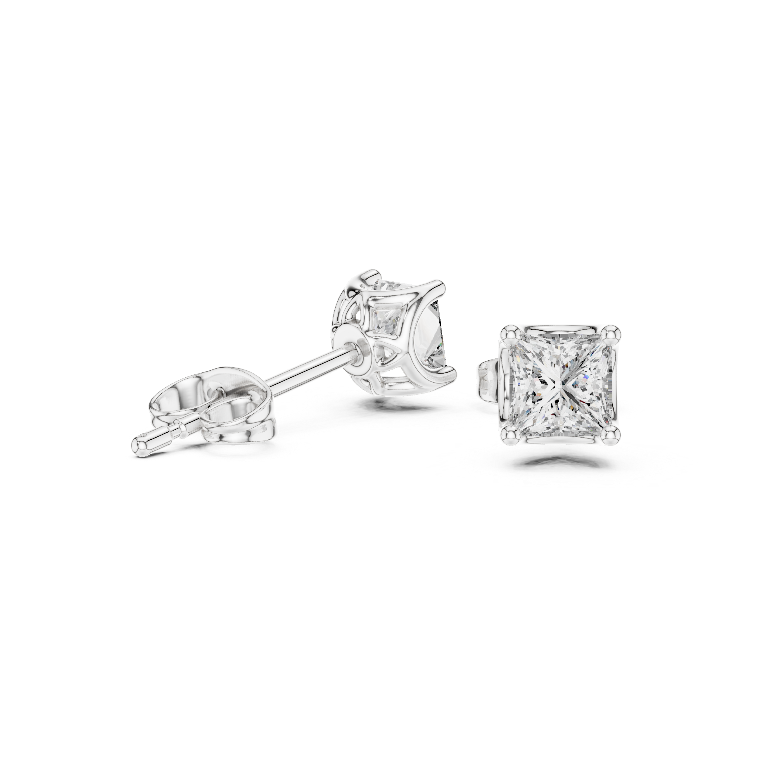 Princess cut solitaire stud earrings with large four prong set square princess cut centre stone