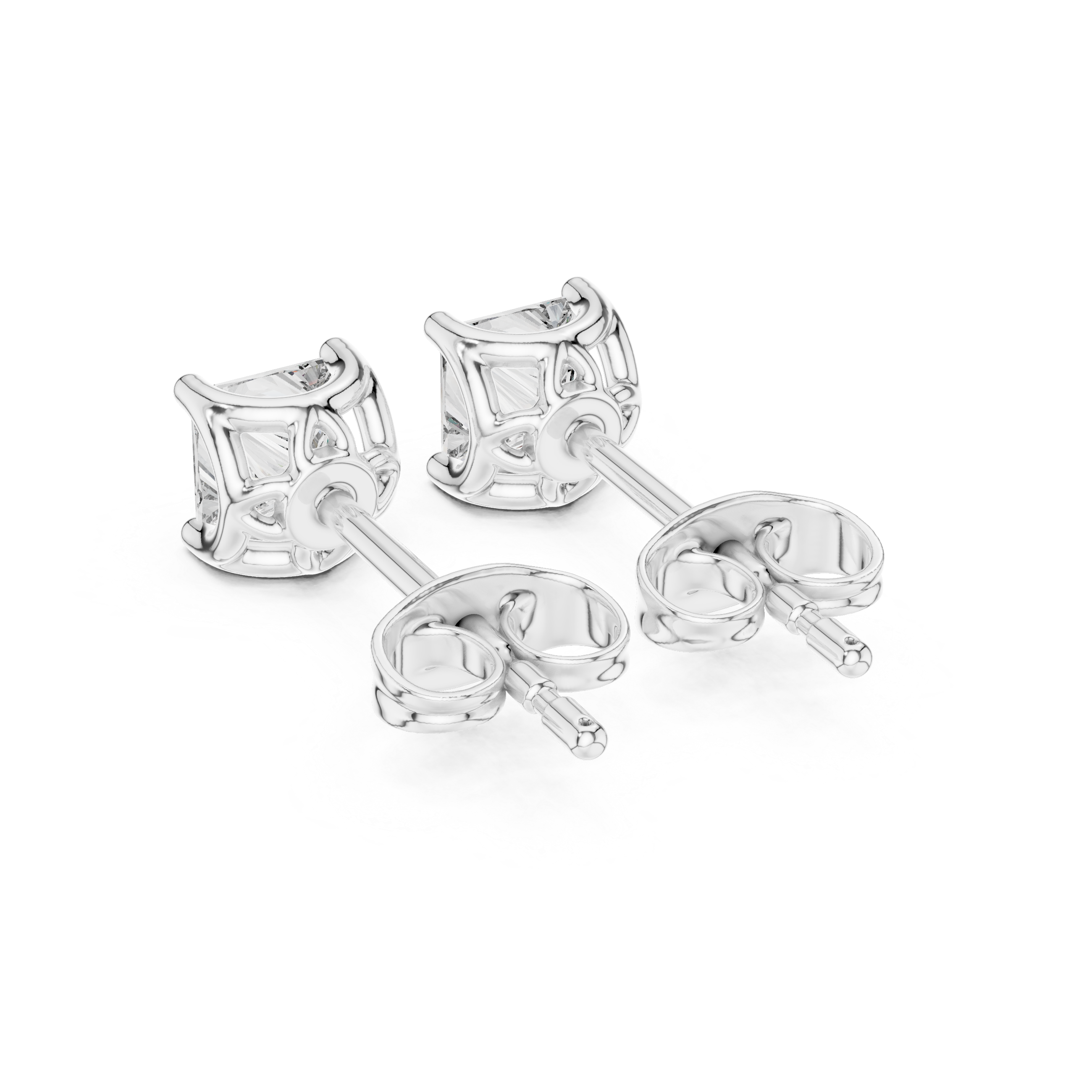 Princess cut solitaire stud earrings with large four prong set square princess cut centre stone
