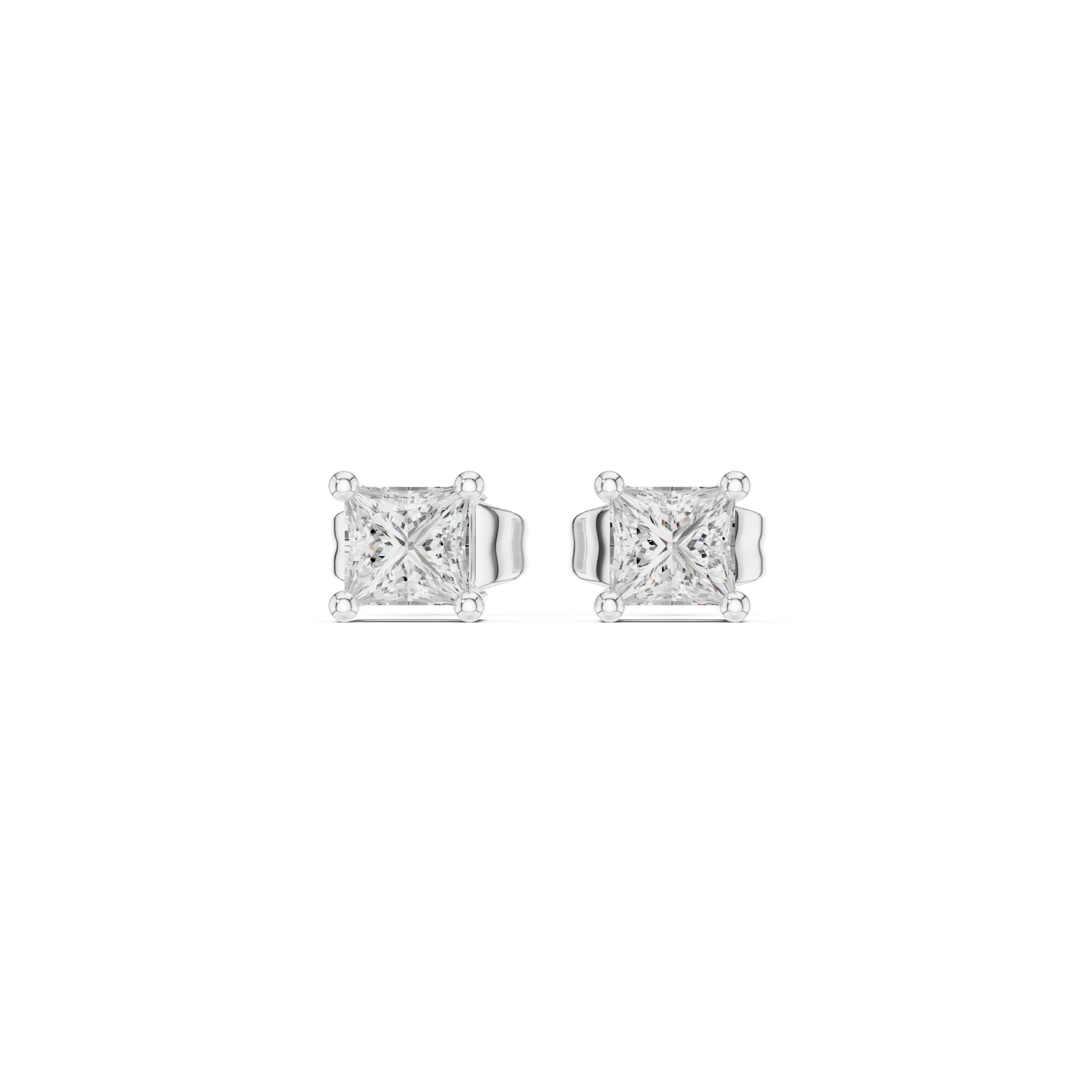 Princess cut solitaire stud earrings with a four-ball-tip claw setting