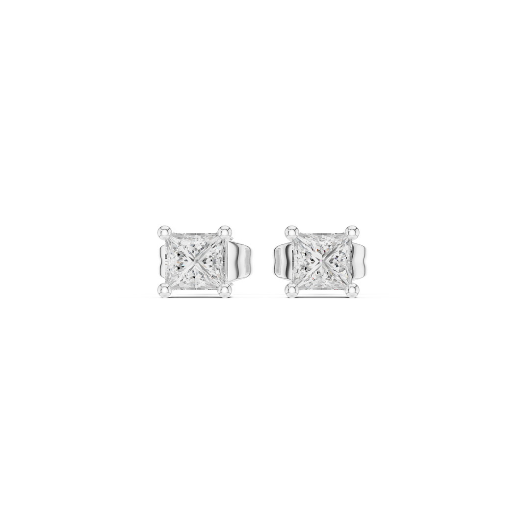 Princess cut solitaire stud earrings with a four-ball-tip claw setting