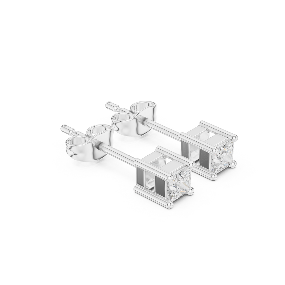 Princess cut solitaire stud earrings with a four-ball-tip claw setting