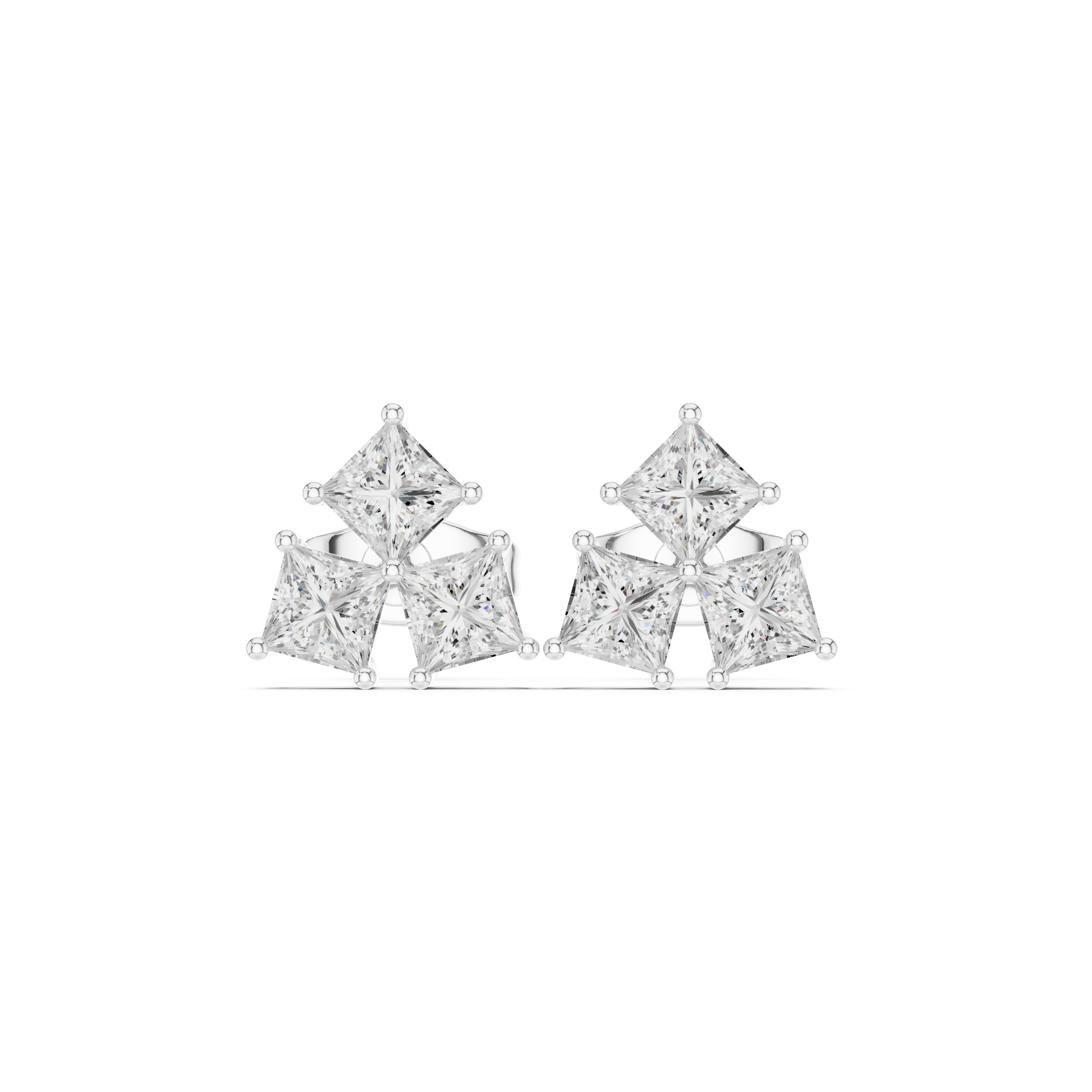 Princess cut trio cluster stud earrings with three prong set princess cut stones arranged in a triangular cluster