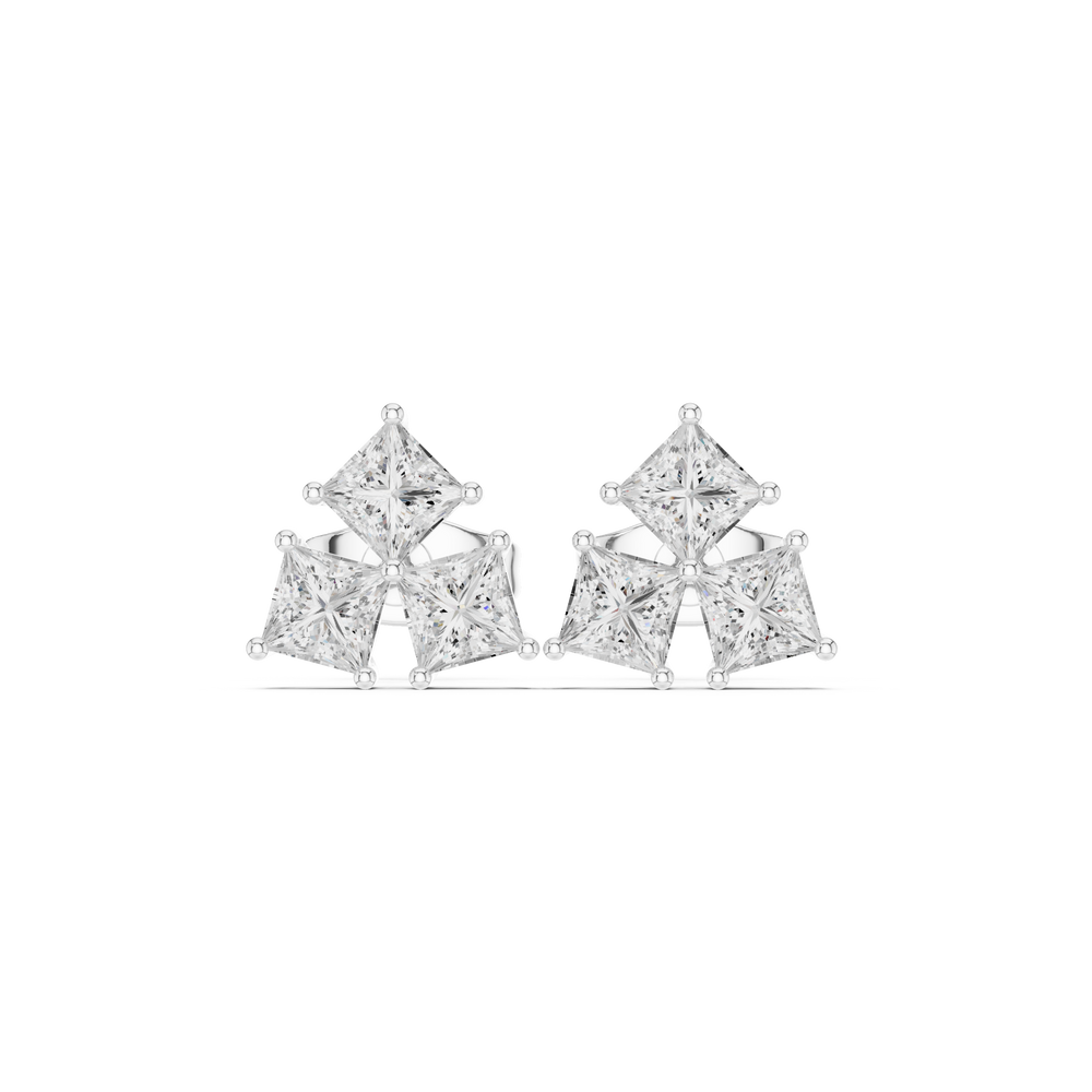 Princess cut trio cluster stud earrings with three prong set princess cut stones arranged in a triangular cluster