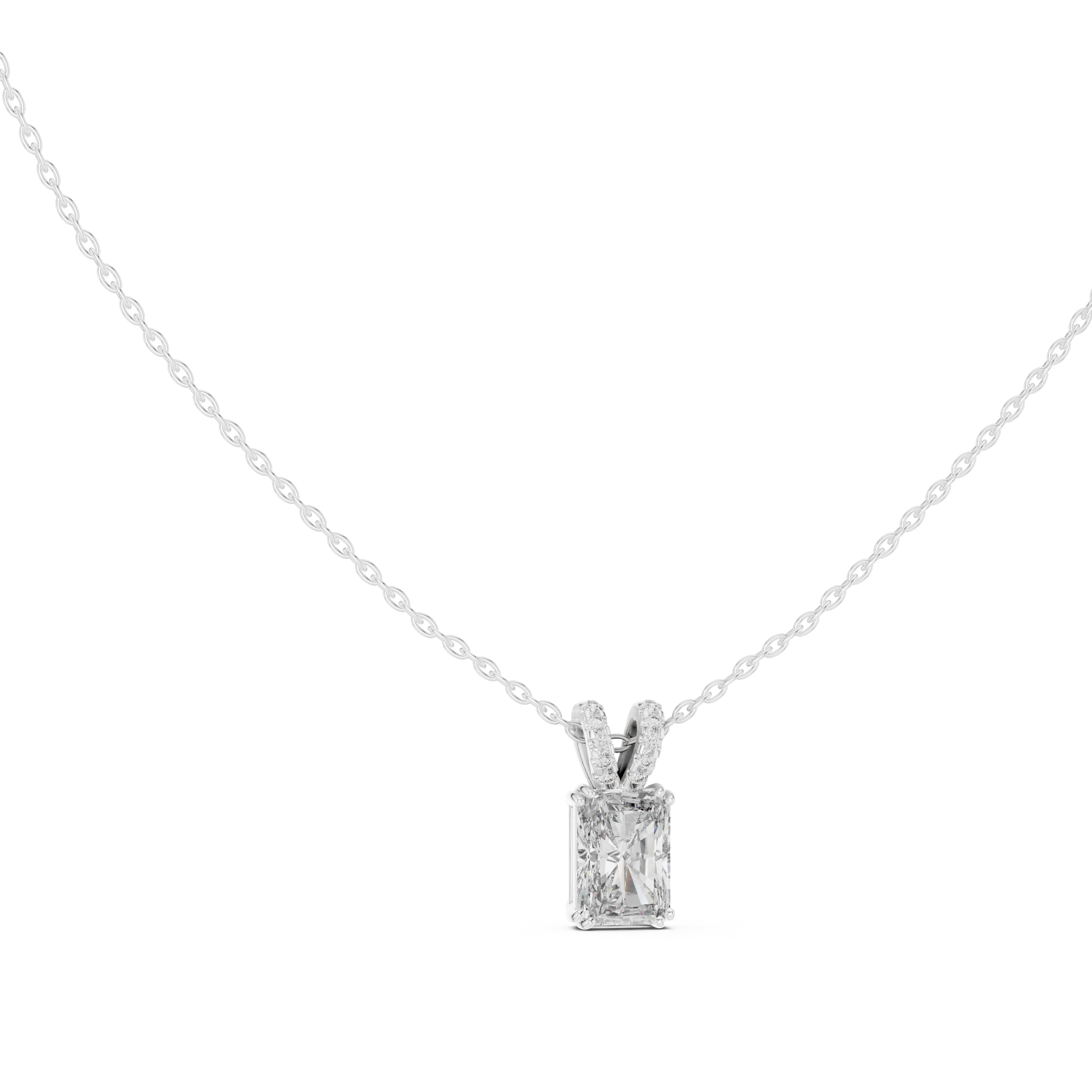 Radiant cut solitaire diamond pendant necklace with pave bail setting