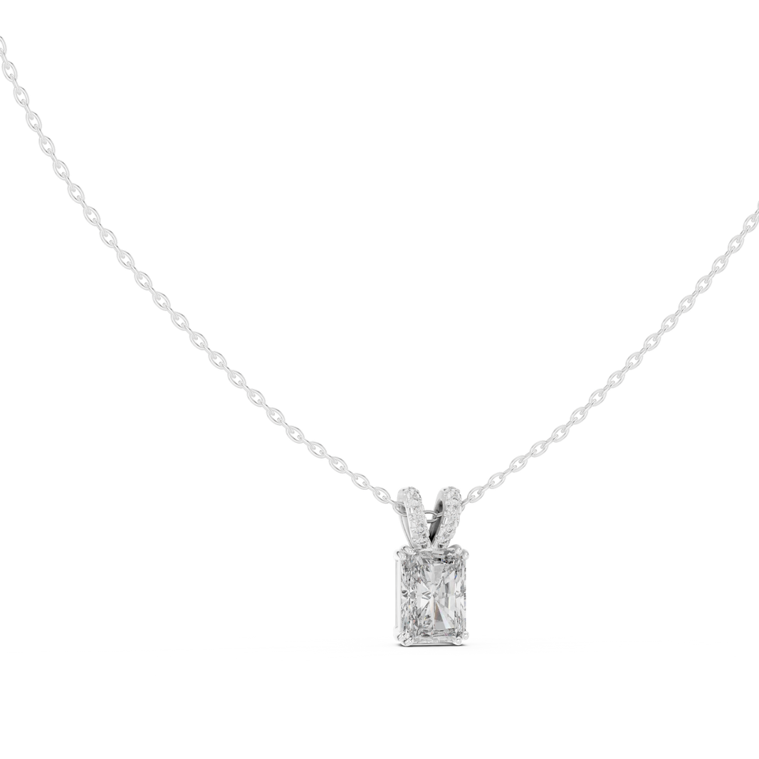 Radiant cut solitaire diamond pendant necklace with pave bail setting