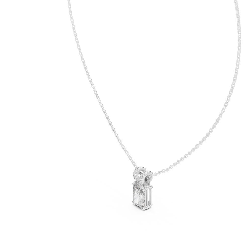 Radiant cut solitaire diamond pendant necklace with pave bail setting