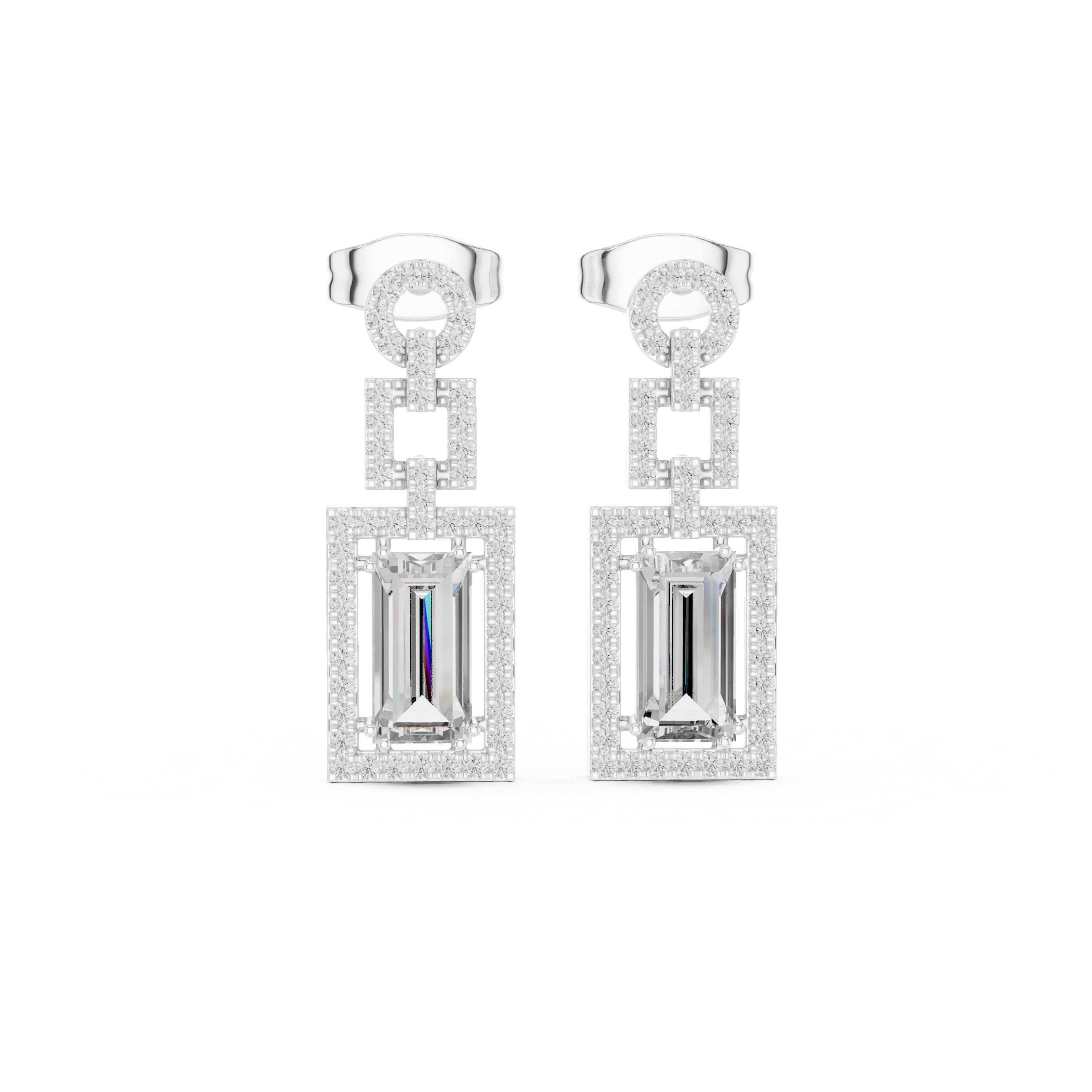 Rectangle halo cluster stud earrings with pave set border detailing