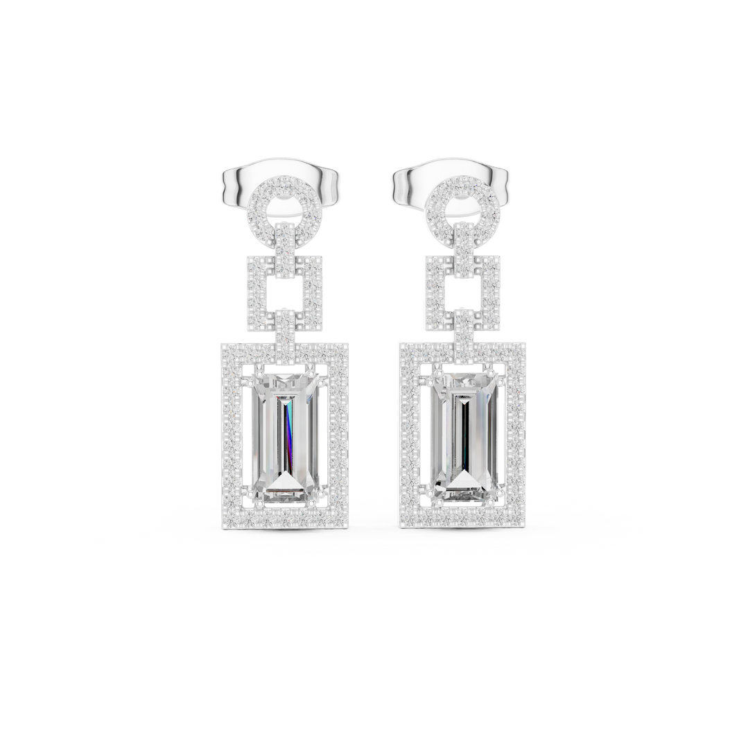 Rectangle halo cluster stud earrings with pave set border detailing