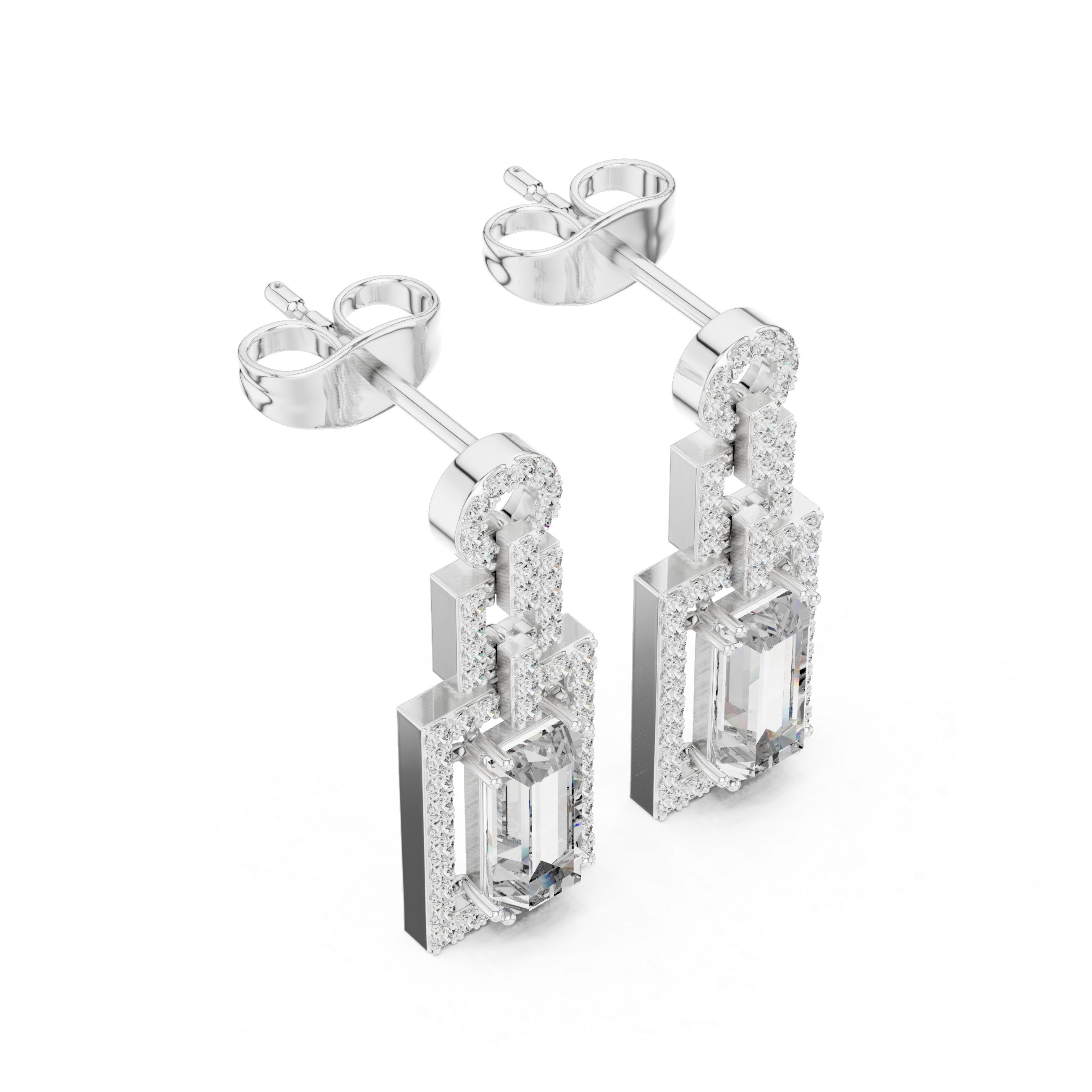 Rectangle halo cluster stud earrings with pave set border detailing