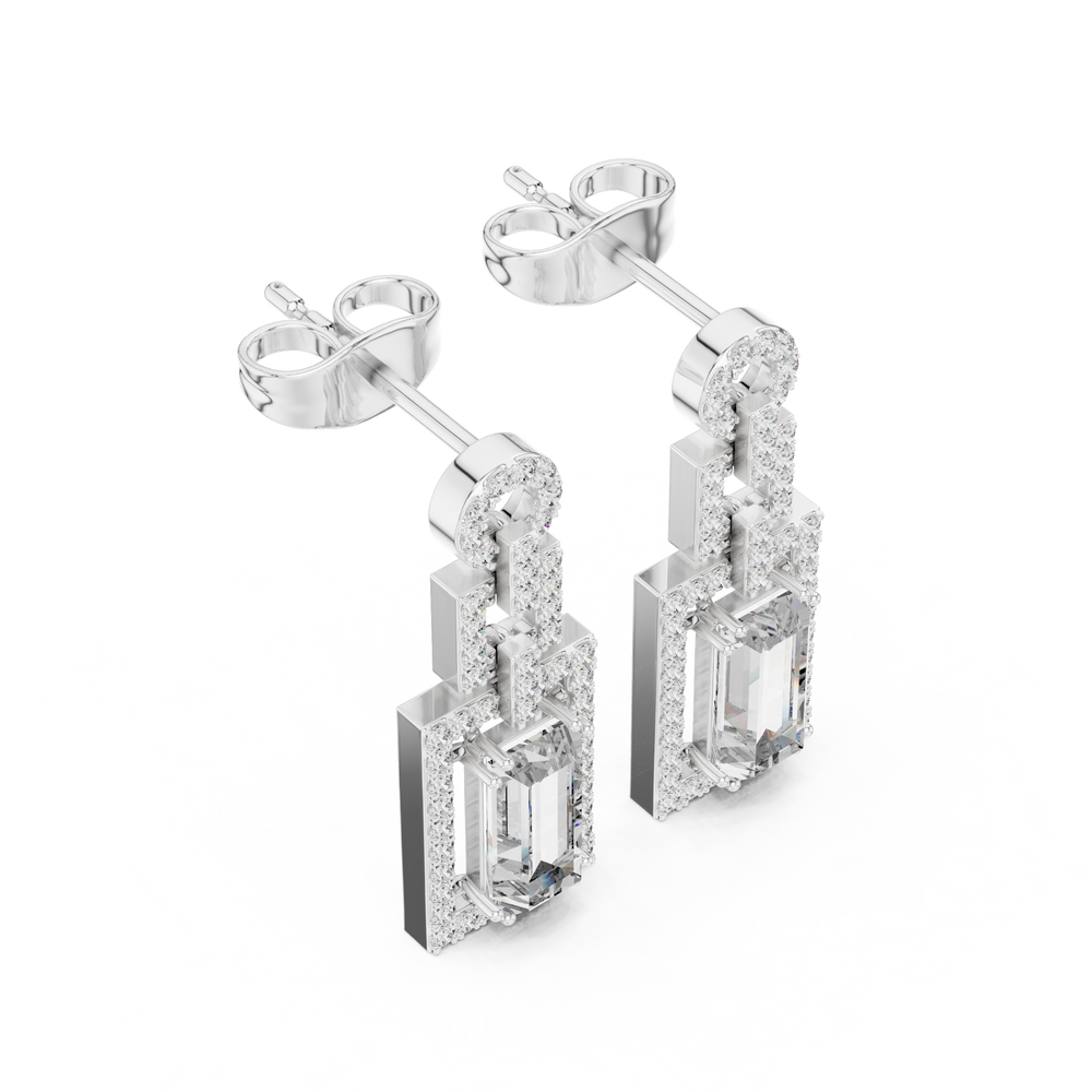 Rectangle halo cluster stud earrings with pave set border detailing