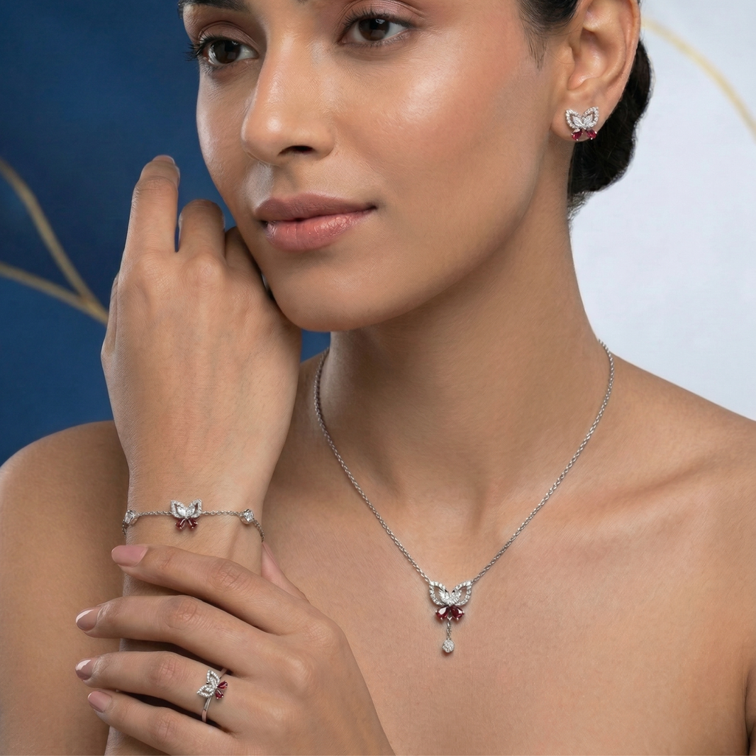 925 sterling silver butterfly set with red stone for women India