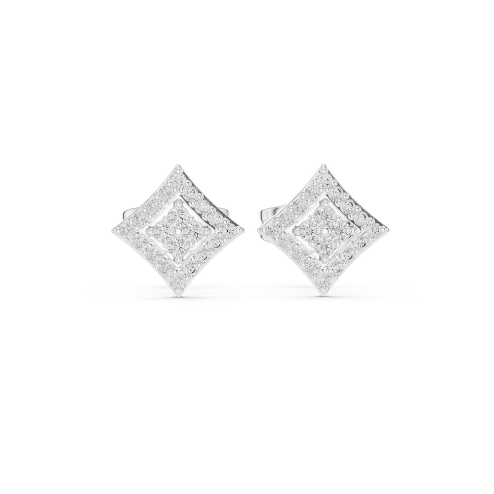 Rhombus-shaped stud earrings with a round brilliant cluster centre encircled by a pavé-set diamond halo border