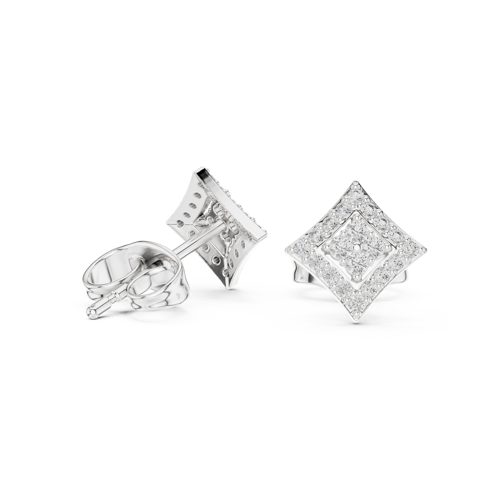 Rhombus-shaped stud earrings with a round brilliant cluster centre encircled by a pavé-set diamond halo border