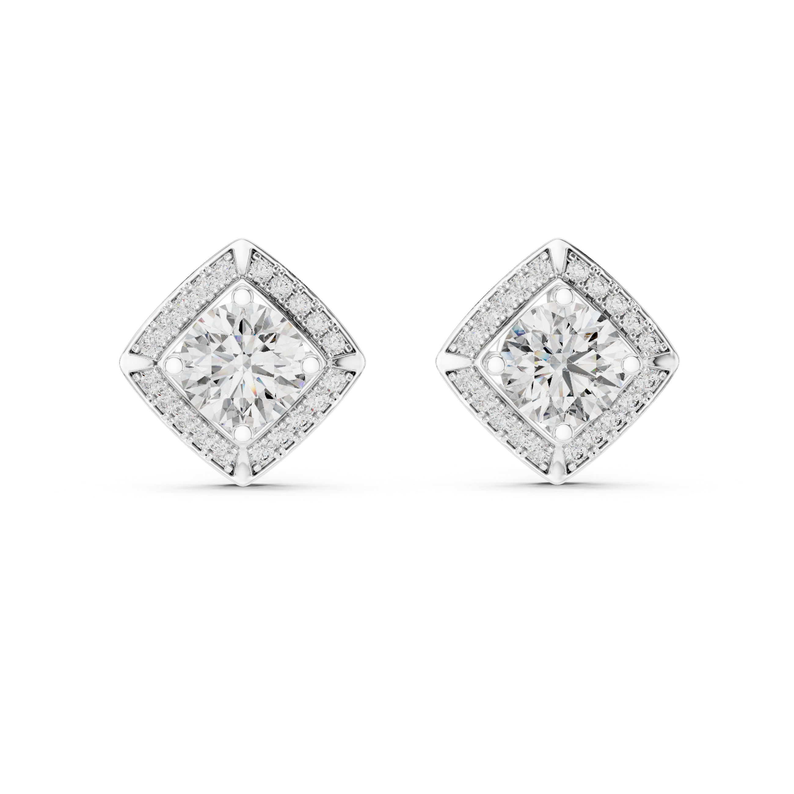 Prong-set round brilliant solitaire stud earrings with a stone-set rhombus halo border and polished pointed corners