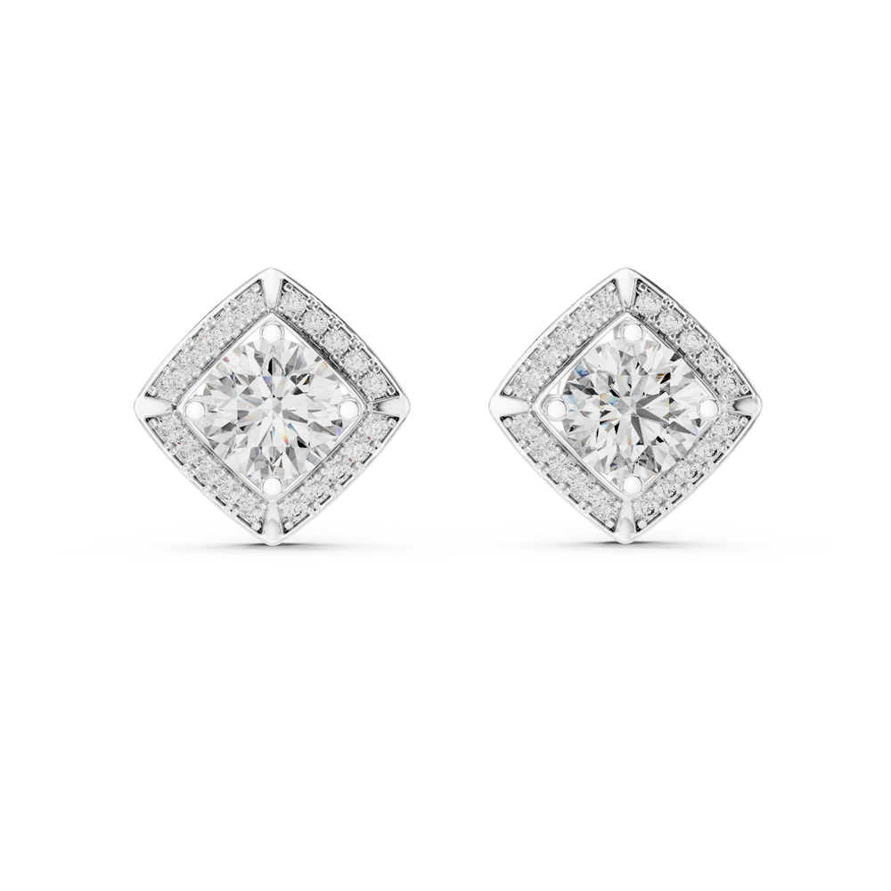 Prong-set round brilliant solitaire stud earrings with a stone-set rhombus halo border and polished pointed corners