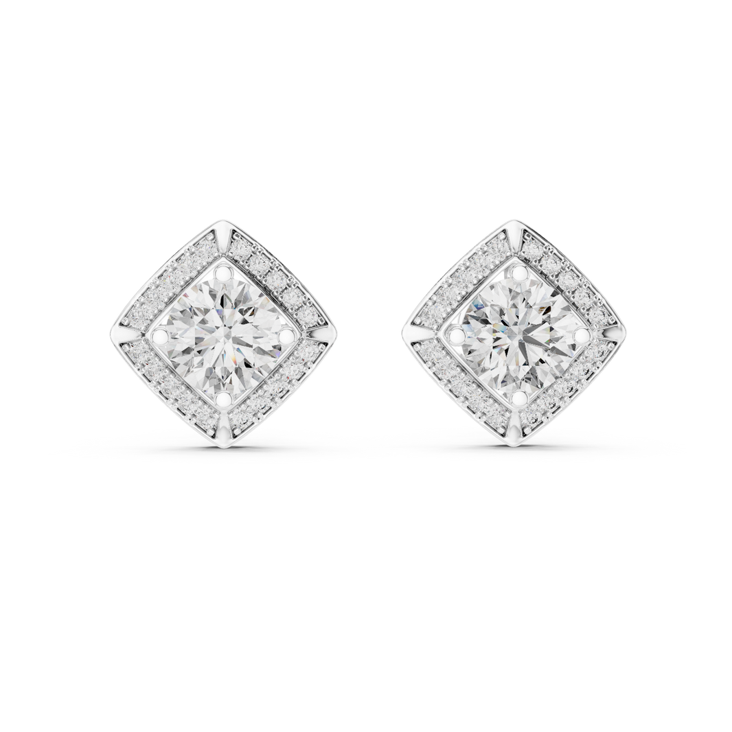 Prong-set round brilliant solitaire stud earrings with a stone-set rhombus halo border and polished pointed corners