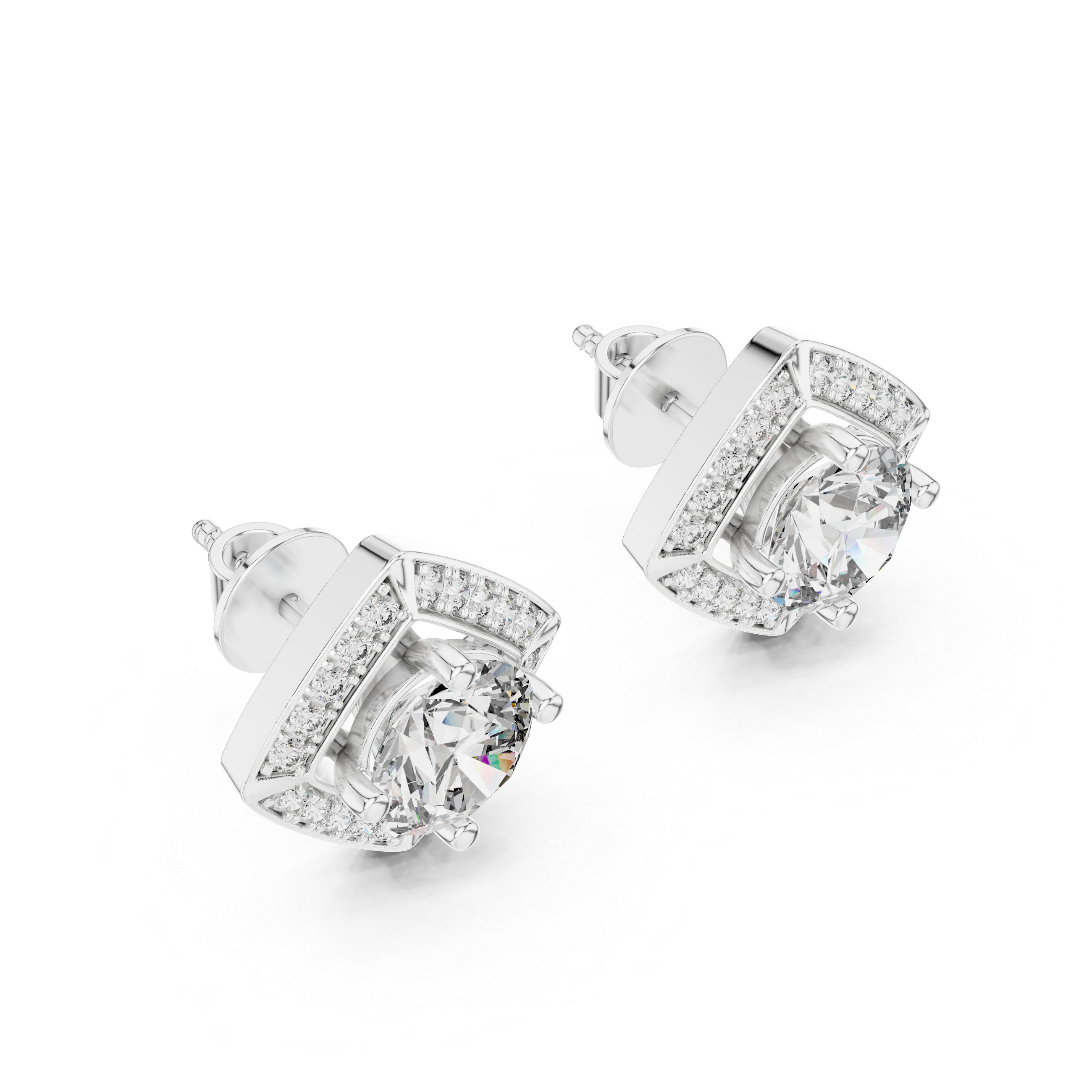 Prong-set round brilliant solitaire stud earrings with a stone-set rhombus halo border and polished pointed corners