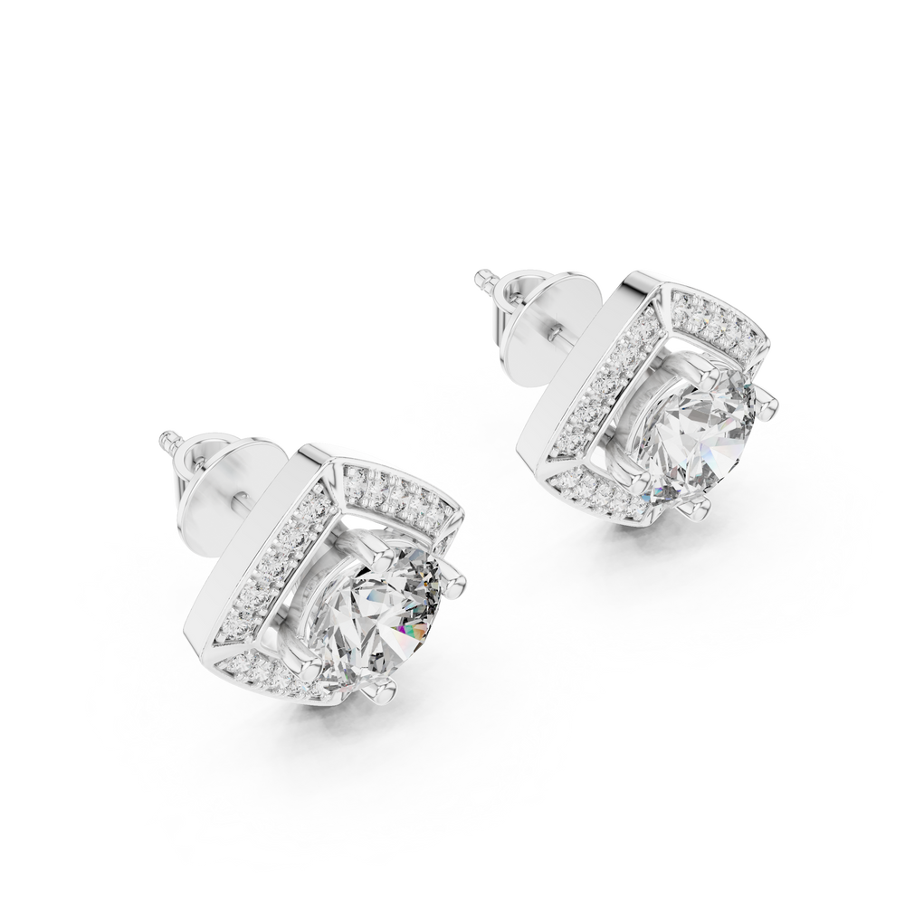 Prong-set round brilliant solitaire stud earrings with a stone-set rhombus halo border and polished pointed corners