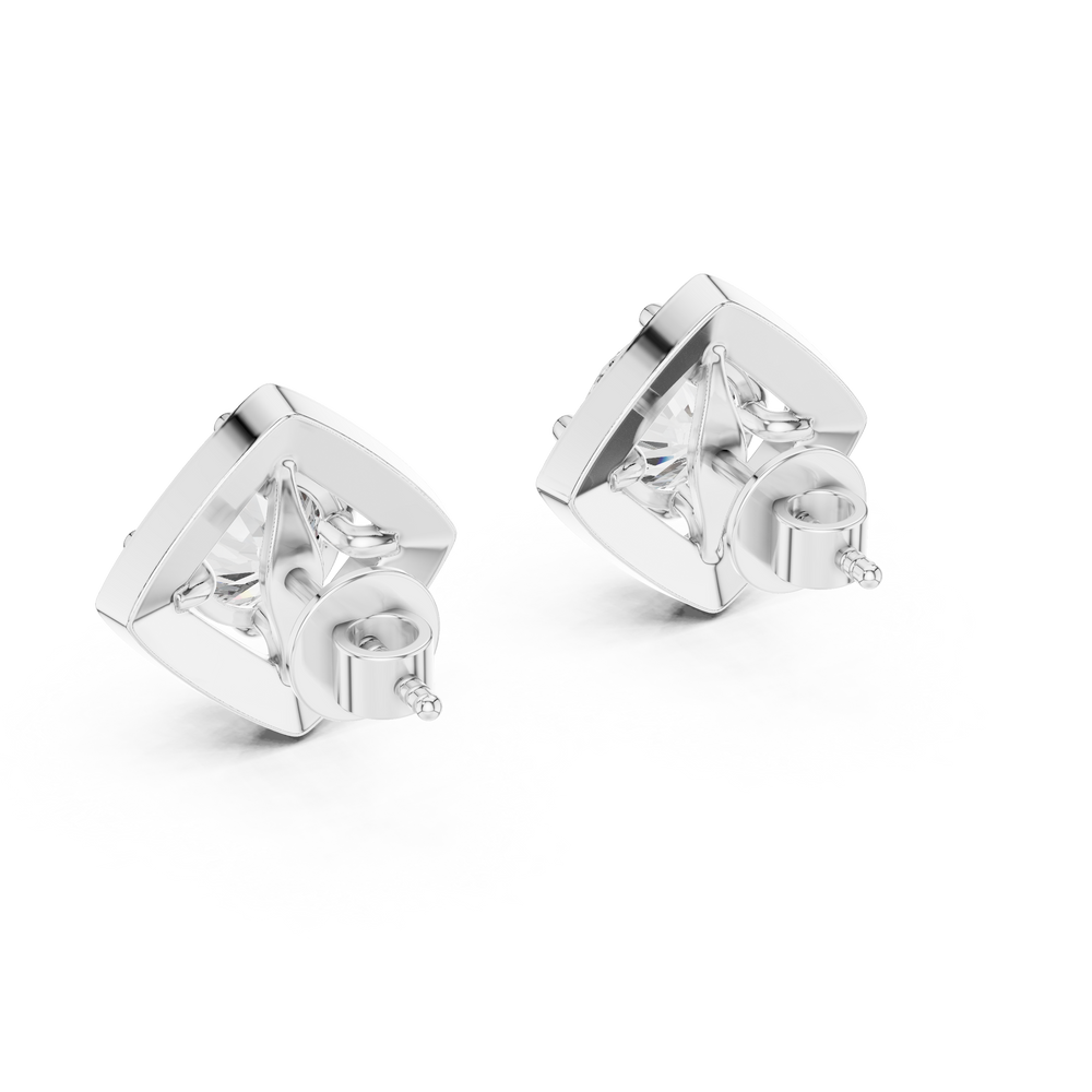 Prong-set round brilliant solitaire stud earrings with a stone-set rhombus halo border and polished pointed corners