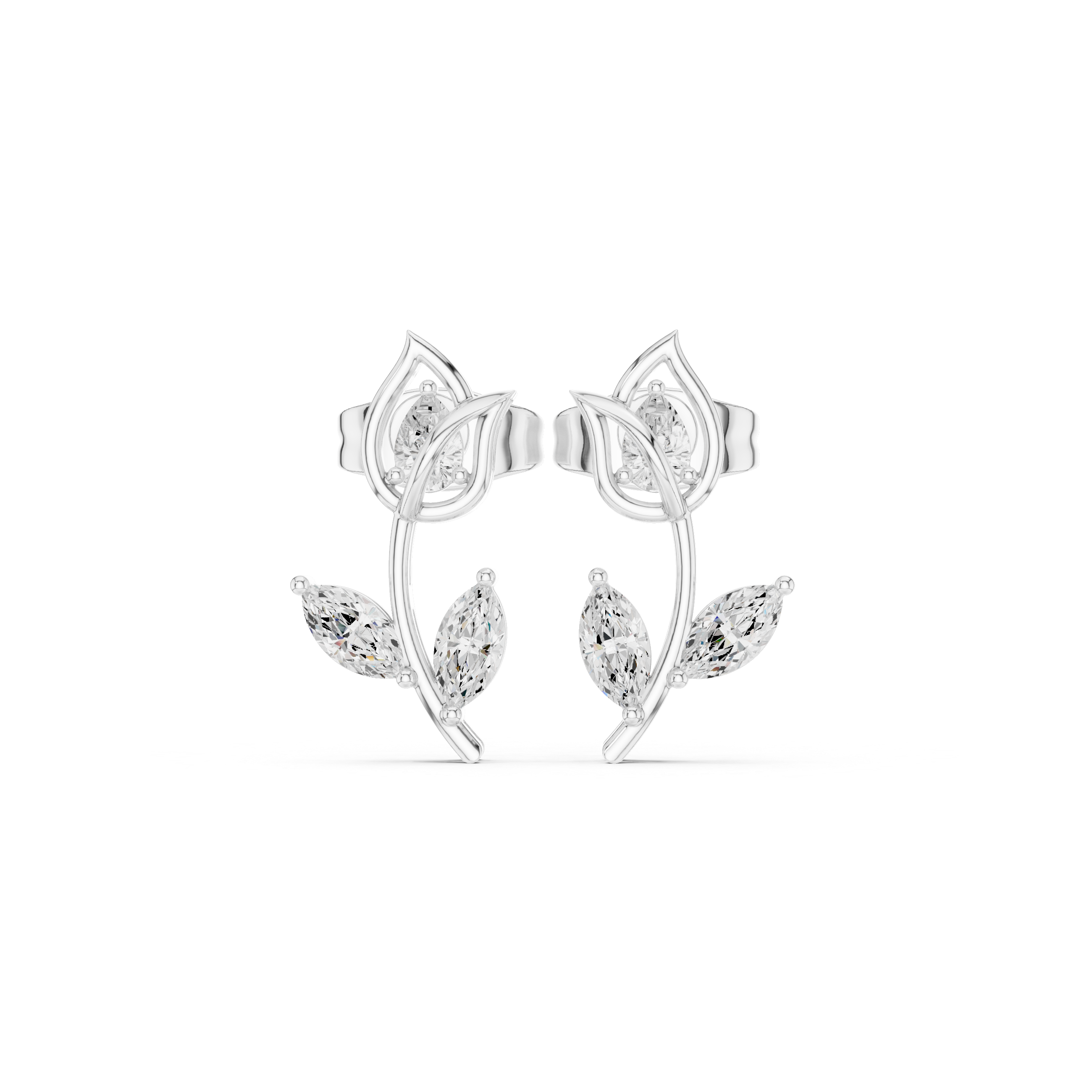 Open petal rose bud stud earrings with a stem and marquise stone leaf drop below