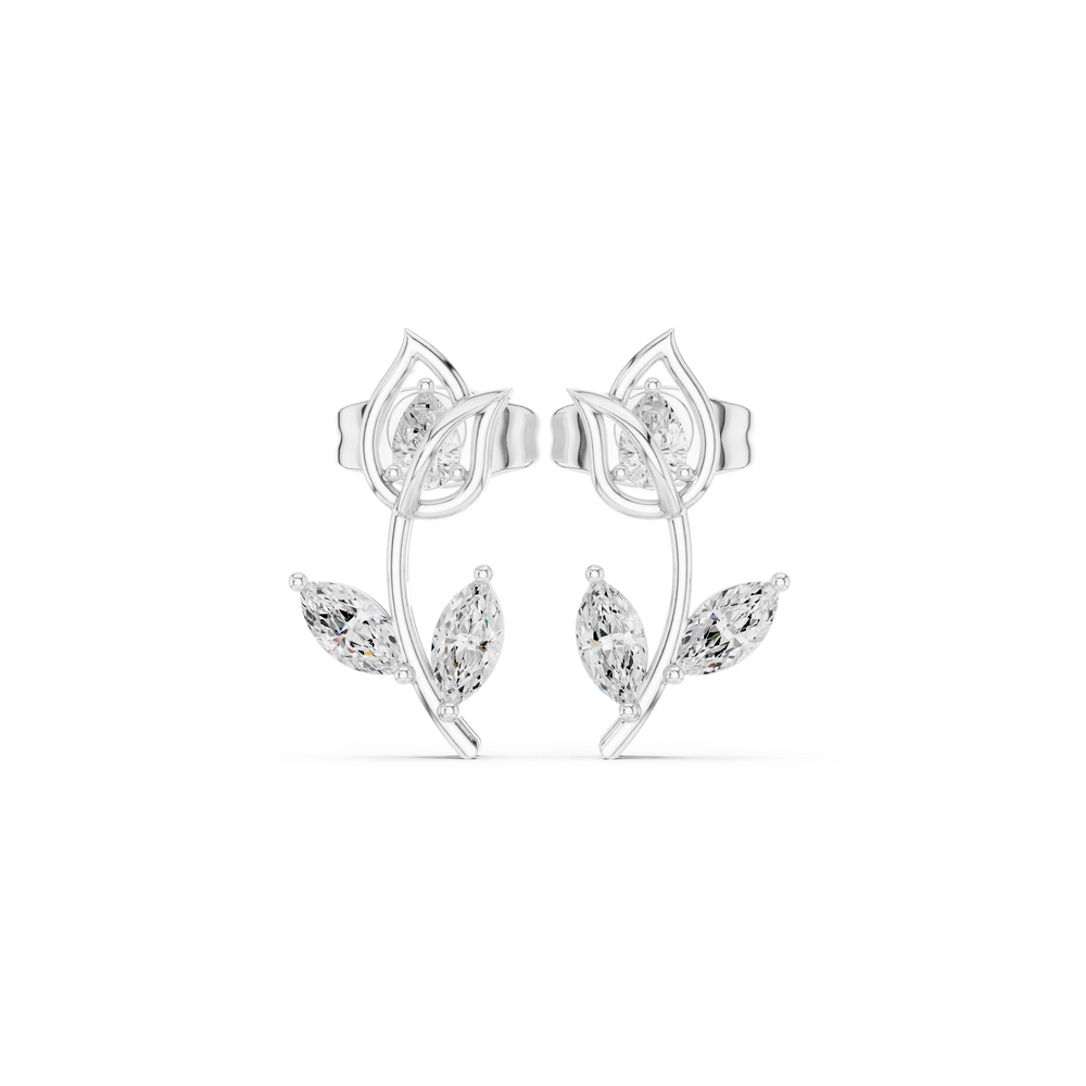 Open petal rose bud stud earrings with a stem and marquise stone leaf drop below