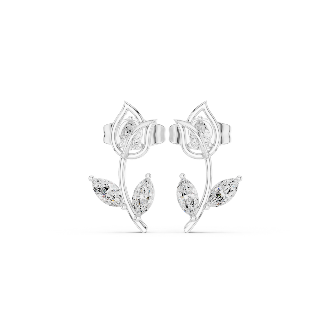 Open petal rose bud stud earrings with a stem and marquise stone leaf drop below