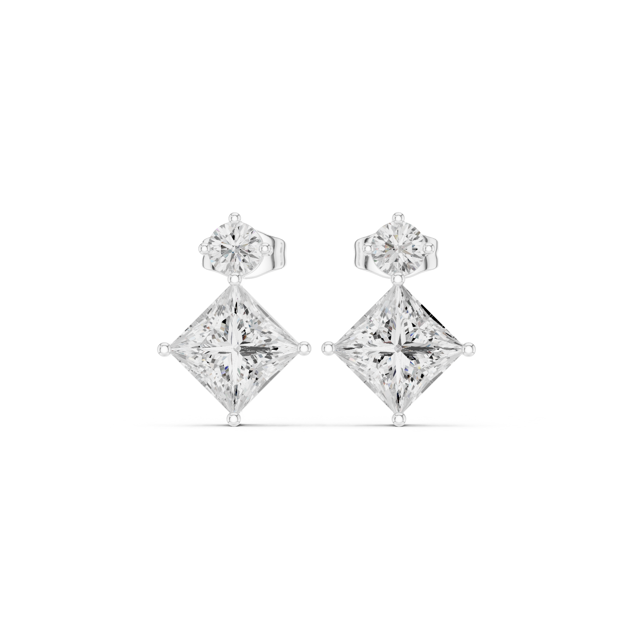 Round brilliant solitaire top with a tilted princess cut stone drop below