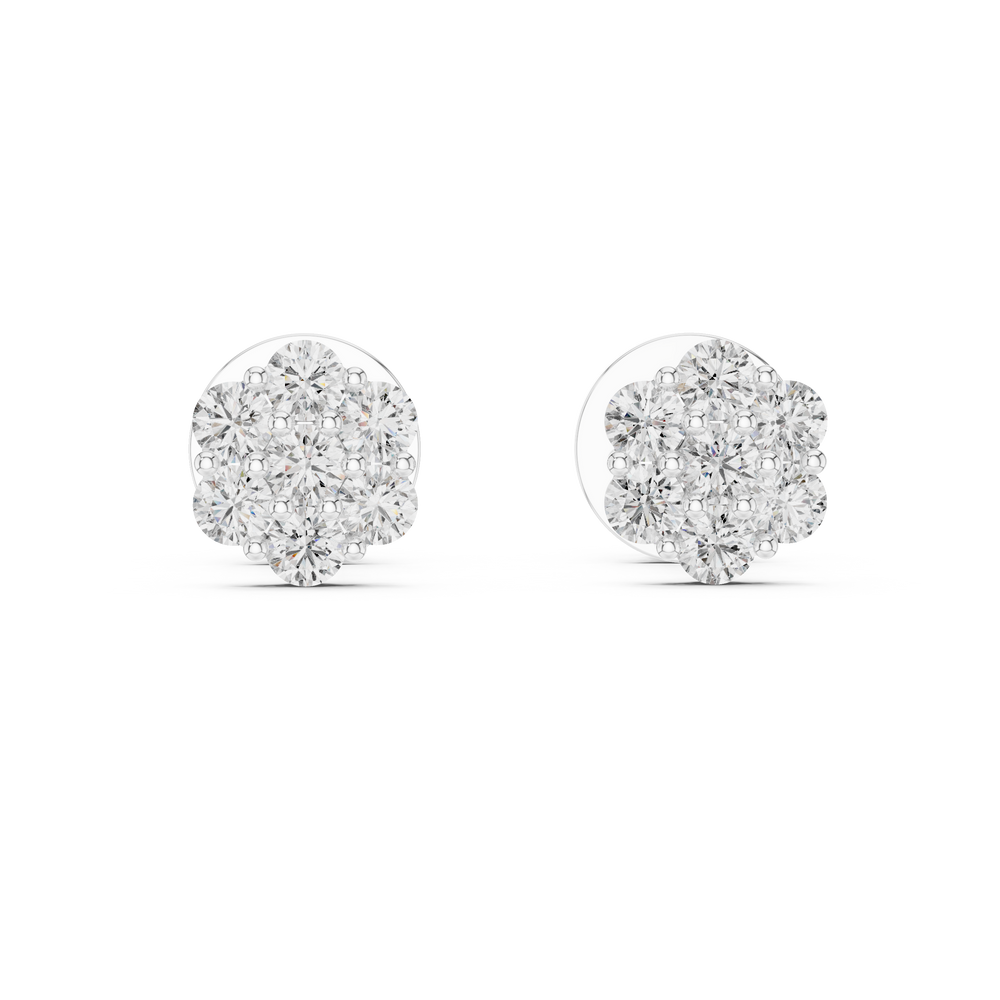 Seven-stone round brilliant cluster stud earrings in a circular floral arrangement