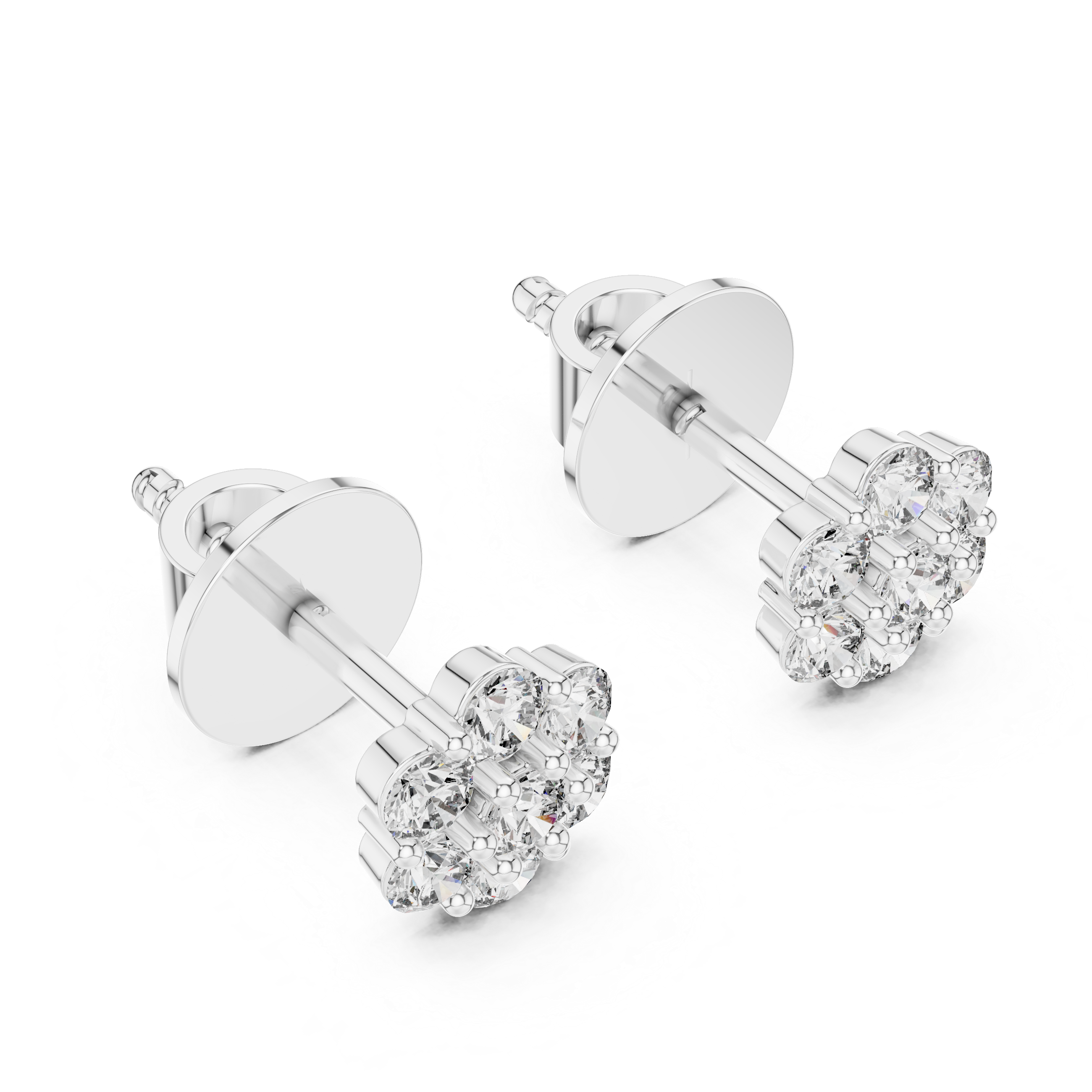 Seven-stone round brilliant cluster stud earrings in a circular floral arrangement