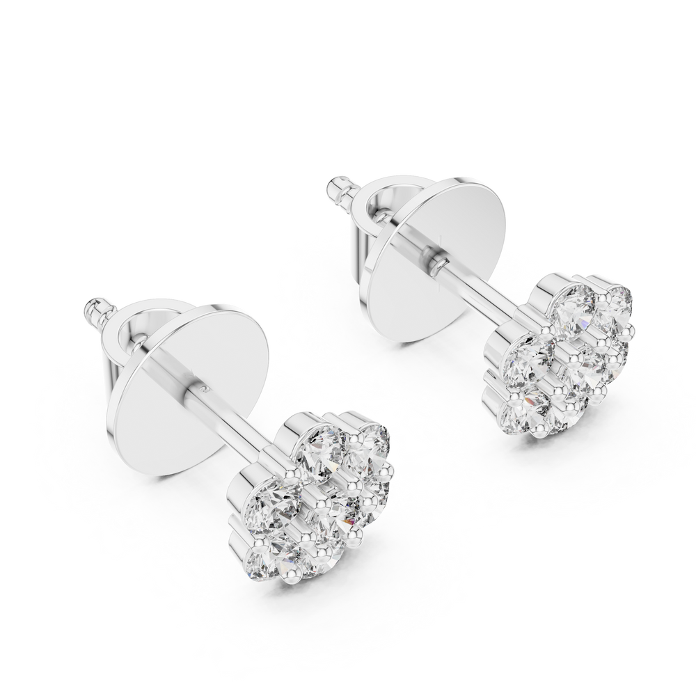 Seven-stone round brilliant cluster stud earrings in a circular floral arrangement