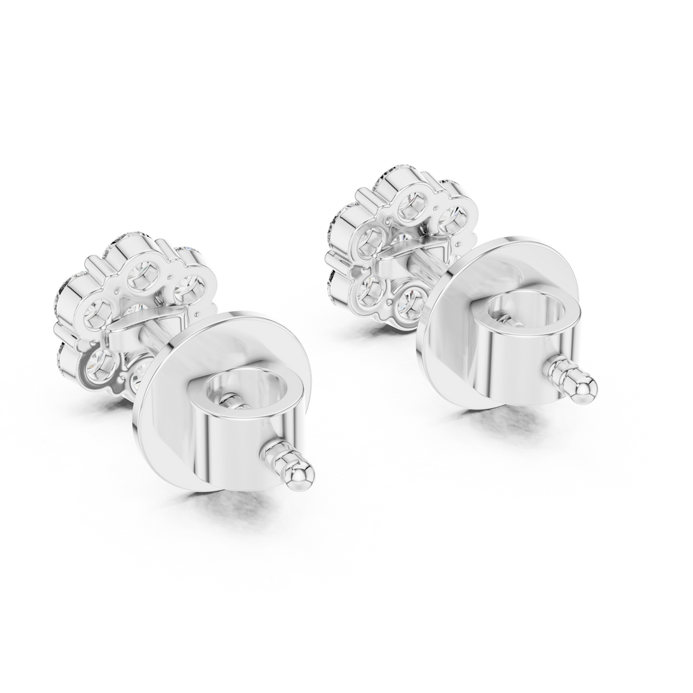 Seven-stone round brilliant cluster stud earrings in a circular floral arrangement