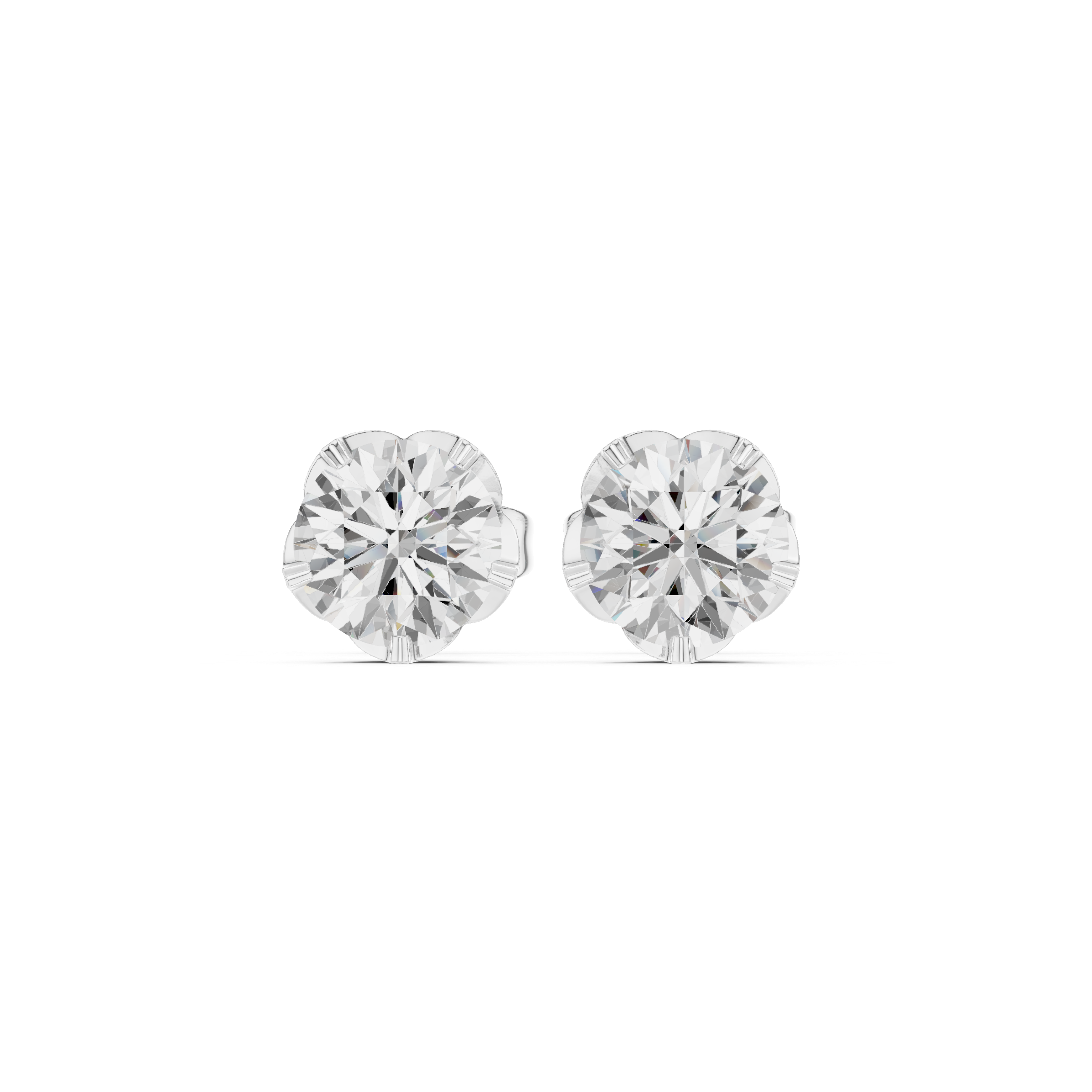 Round brilliant solitaire stud earrings with a five-petal floral shaped claw setting