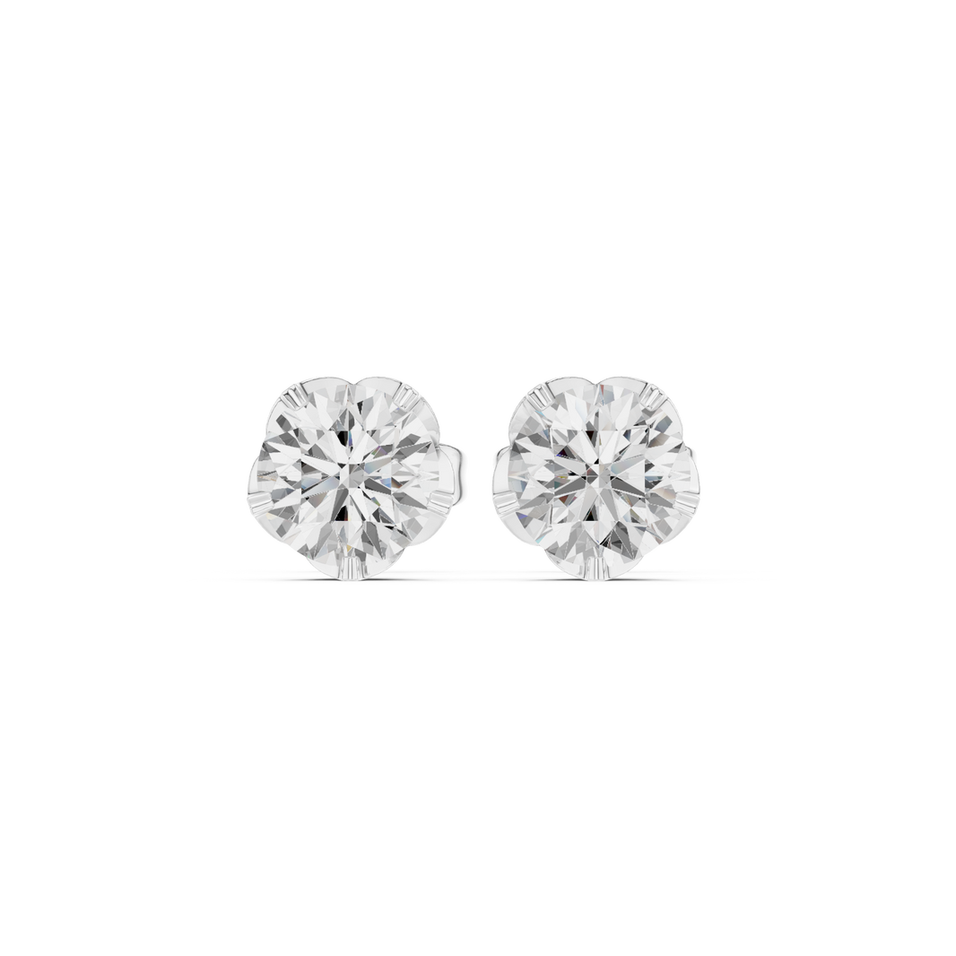 Round brilliant solitaire stud earrings with a five-petal floral shaped claw setting