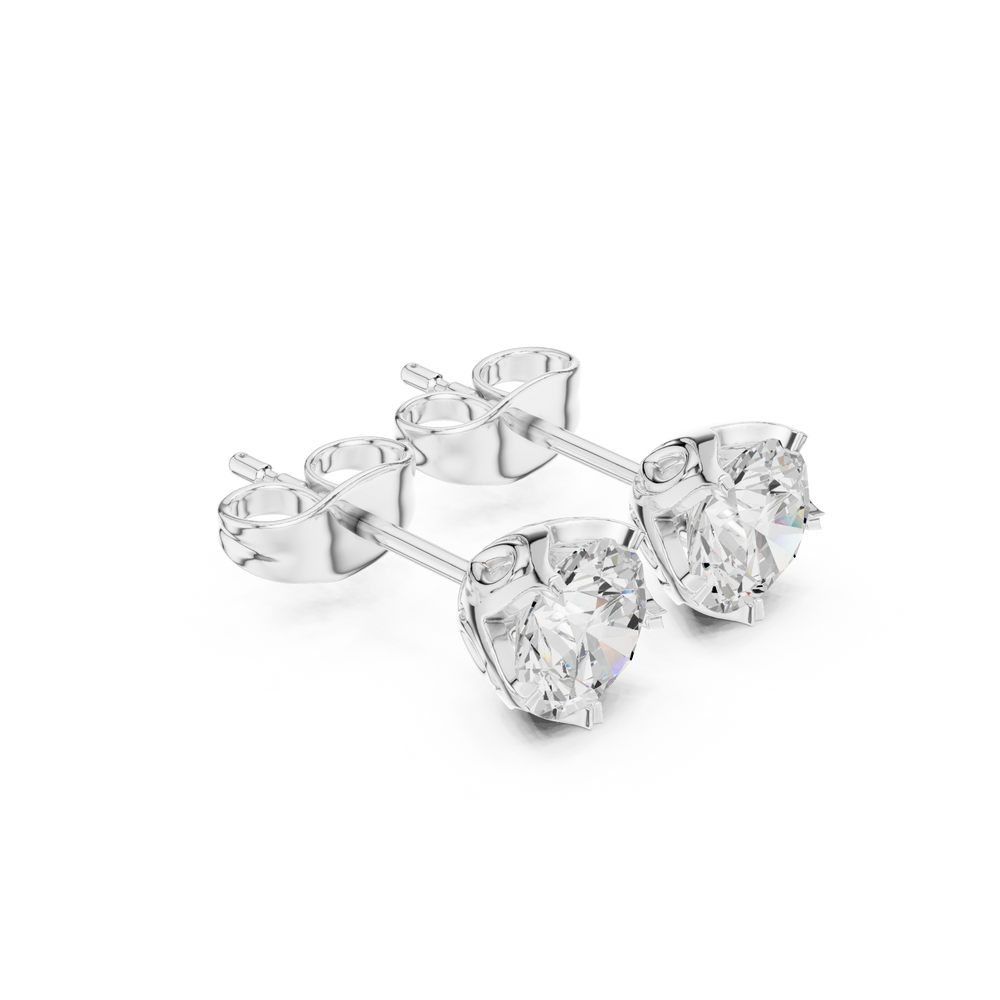 Round brilliant solitaire stud earrings with a five-petal floral shaped claw setting