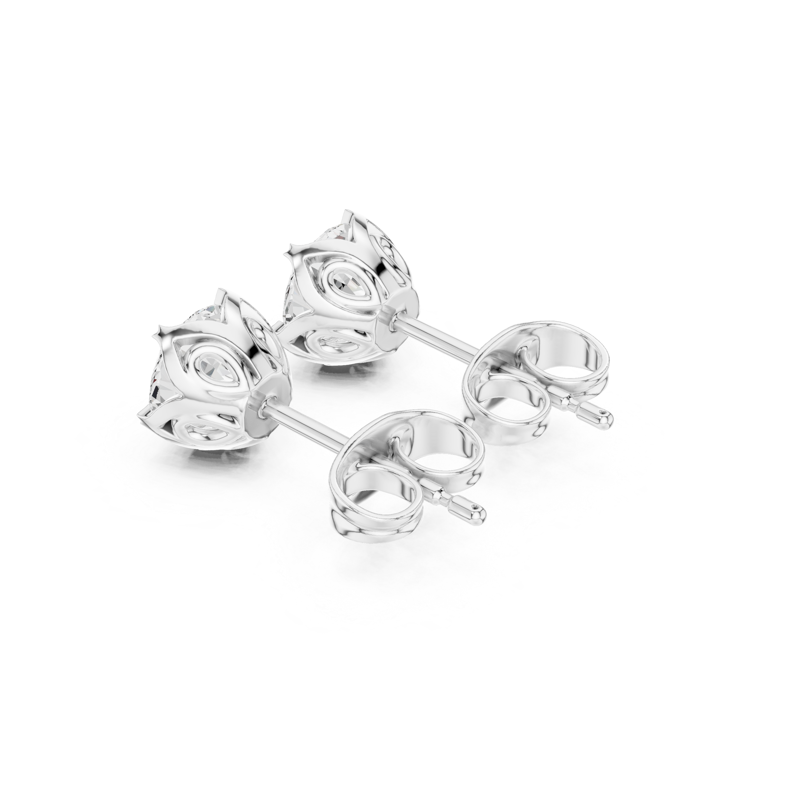 Round brilliant solitaire stud earrings with a five-petal floral shaped claw setting