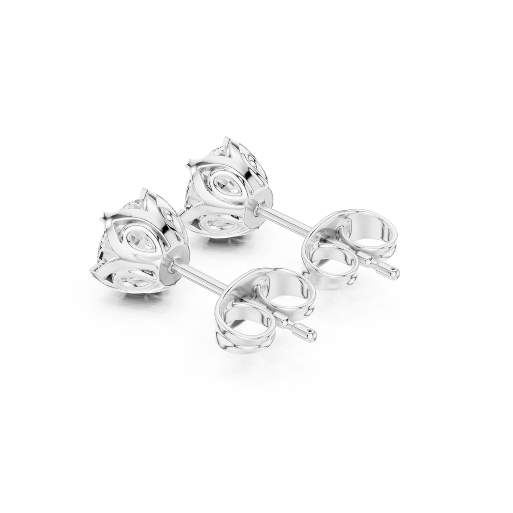 Round brilliant solitaire stud earrings with a five-petal floral shaped claw setting