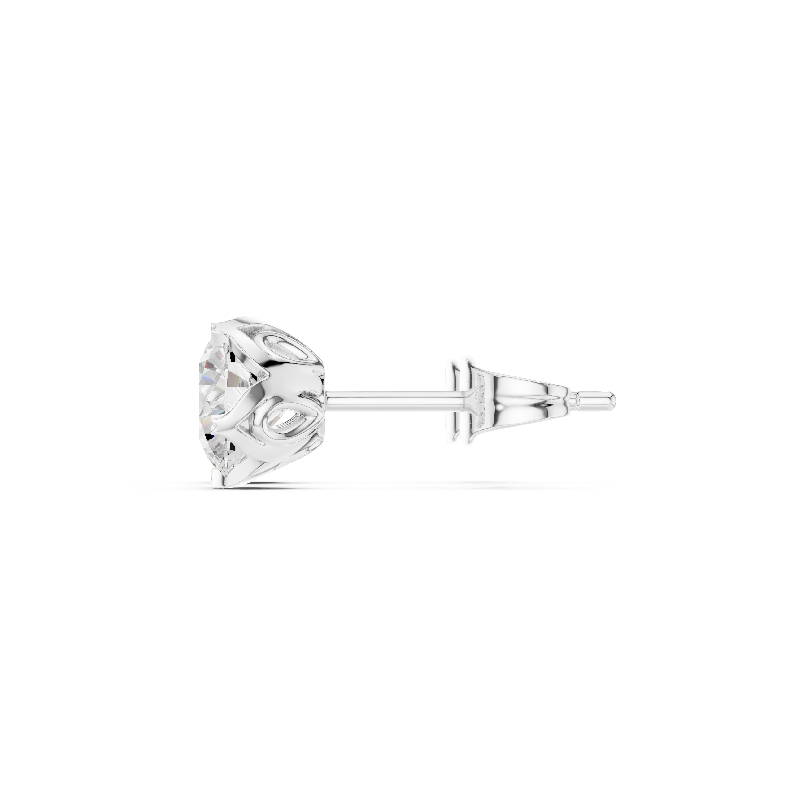 Round brilliant solitaire stud earrings with a five-petal floral shaped claw setting