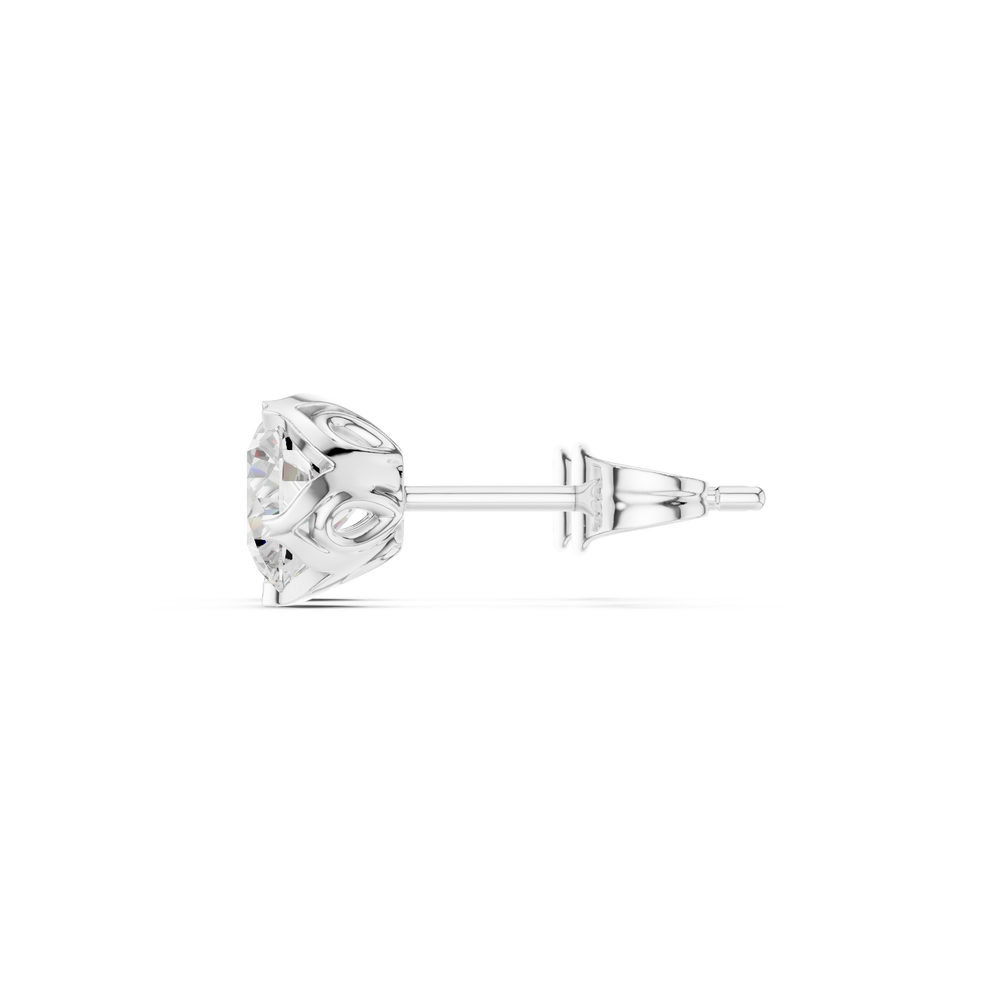 Round brilliant solitaire stud earrings with a five-petal floral shaped claw setting