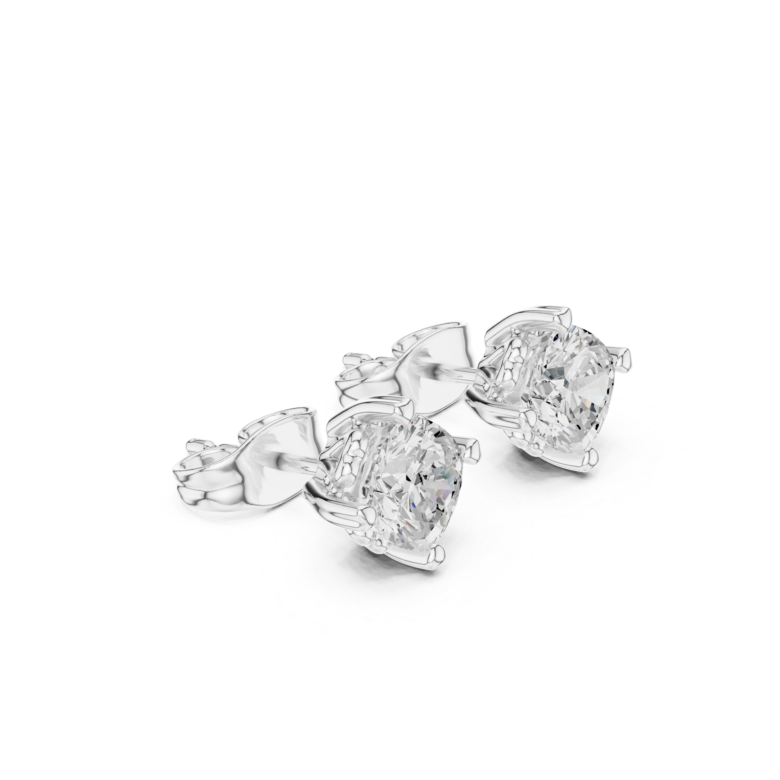 Round brilliant solitaire stud earrings with a cushion-shaped eight-claw setting
