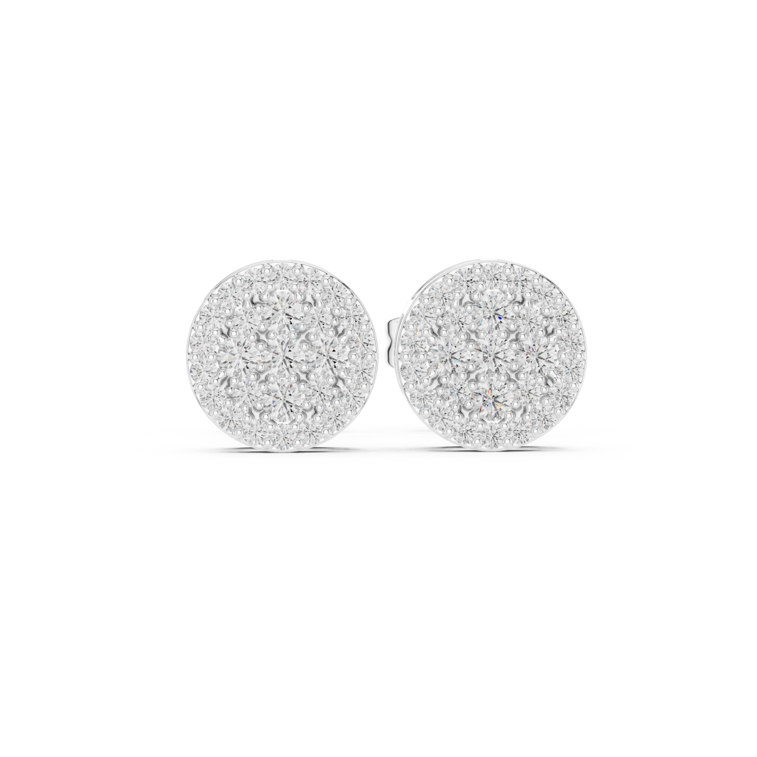 Fully covered round brilliant cluster stud earrings in a circular disc silhouette