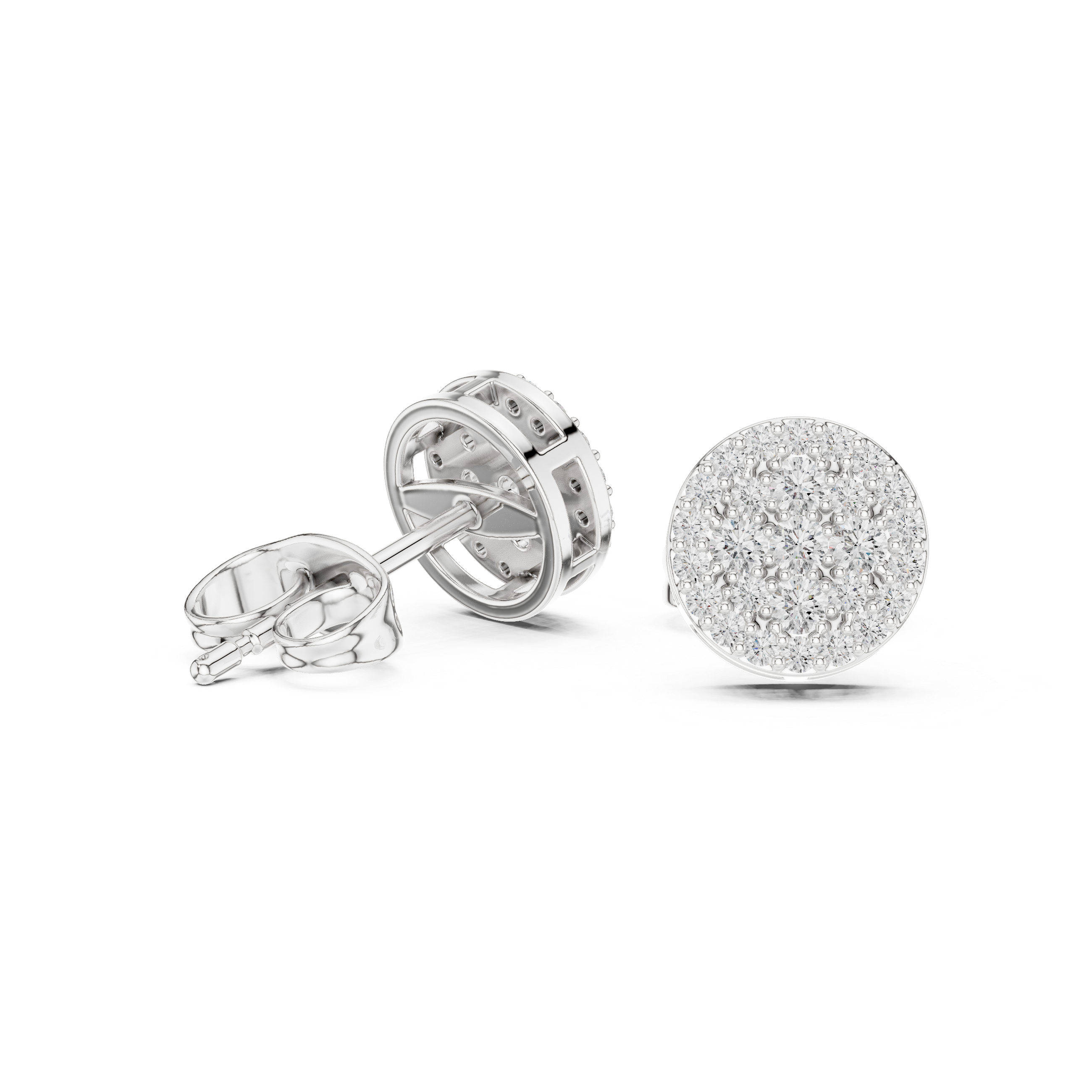 Fully covered round brilliant cluster stud earrings in a circular disc silhouette