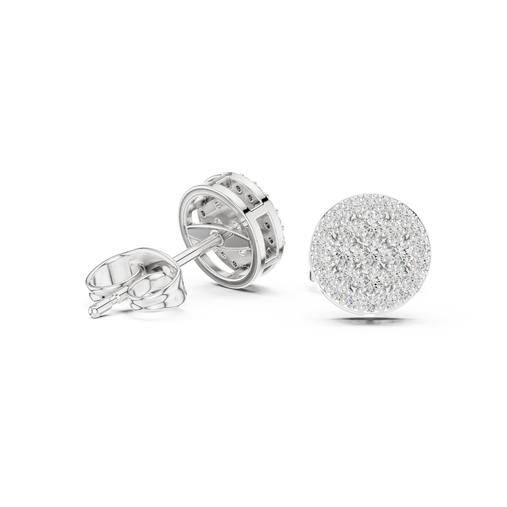 Fully covered round brilliant cluster stud earrings in a circular disc silhouette