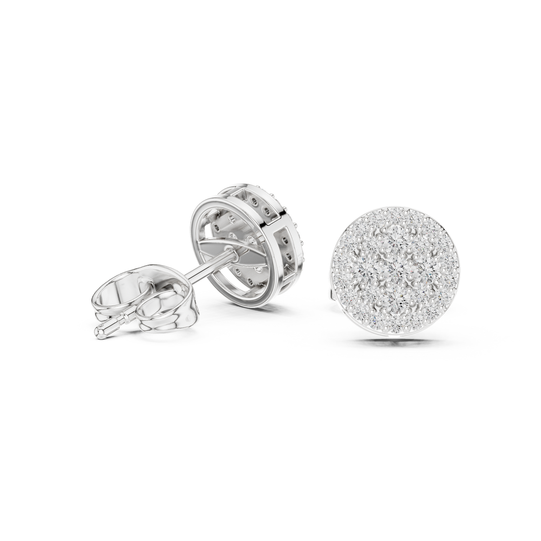 Fully covered round brilliant cluster stud earrings in a circular disc silhouette
