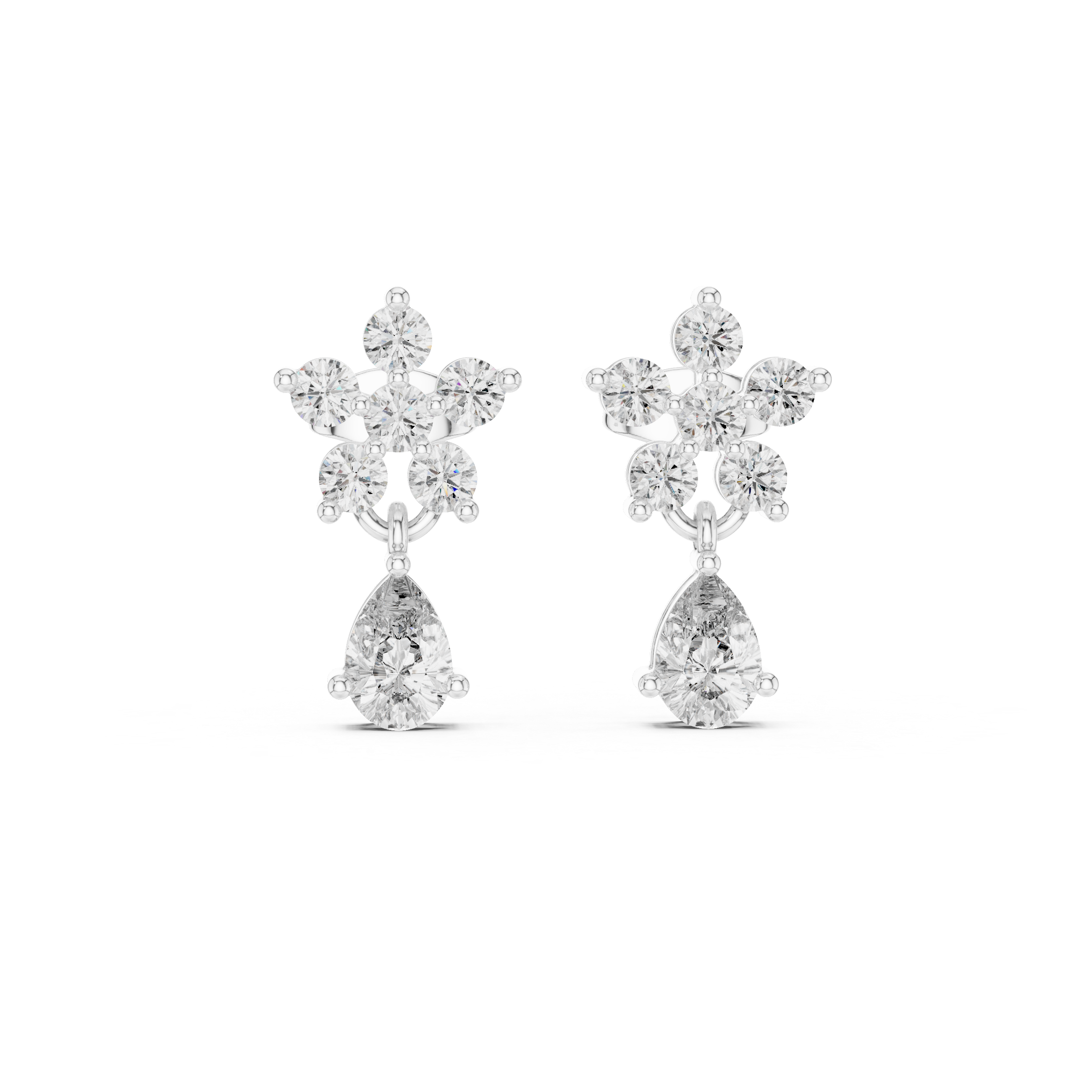 Round cluster pear drop earrings with five round stone flower cluster top and large dangling pear solitaire drop
