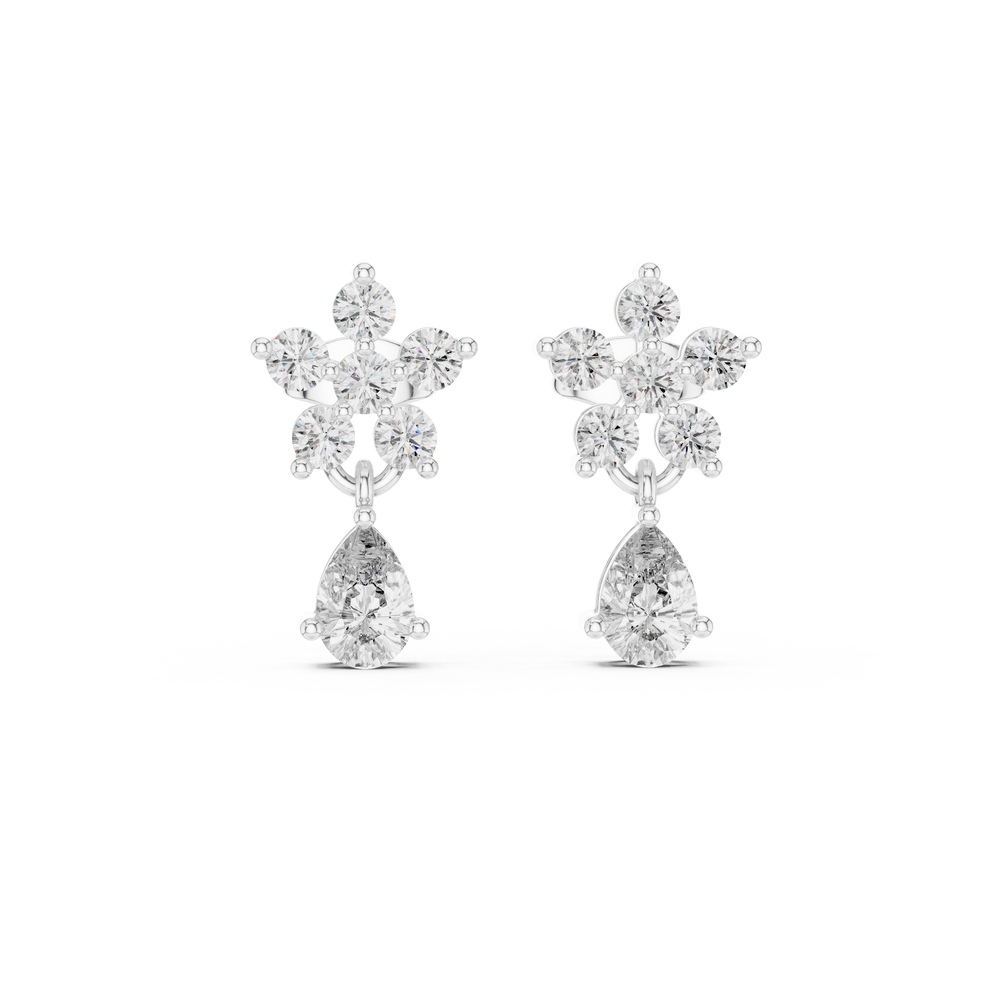 Round cluster pear drop earrings with five round stone flower cluster top and large dangling pear solitaire drop