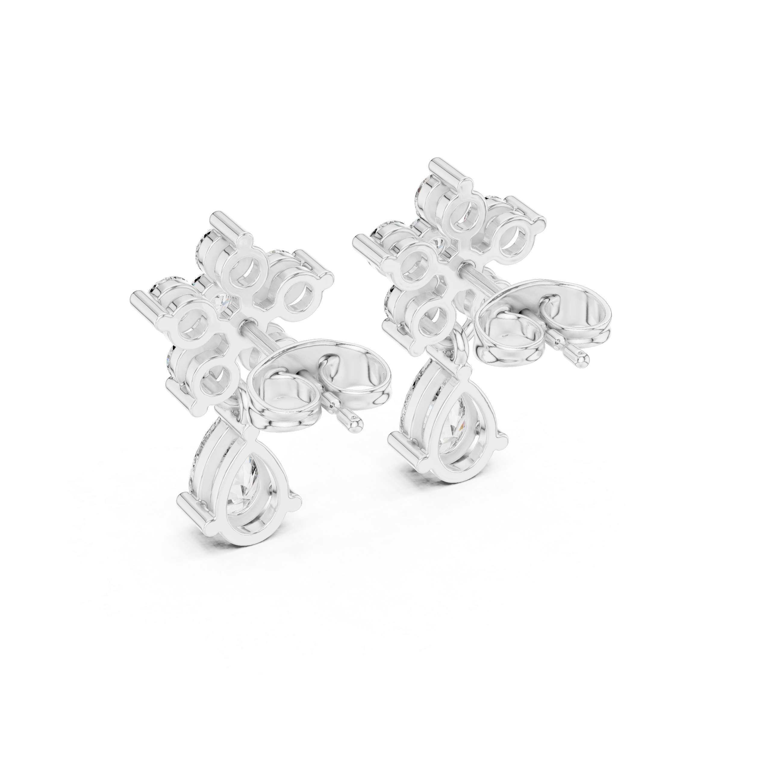 Round cluster pear drop earrings with five round stone flower cluster top and large dangling pear solitaire drop