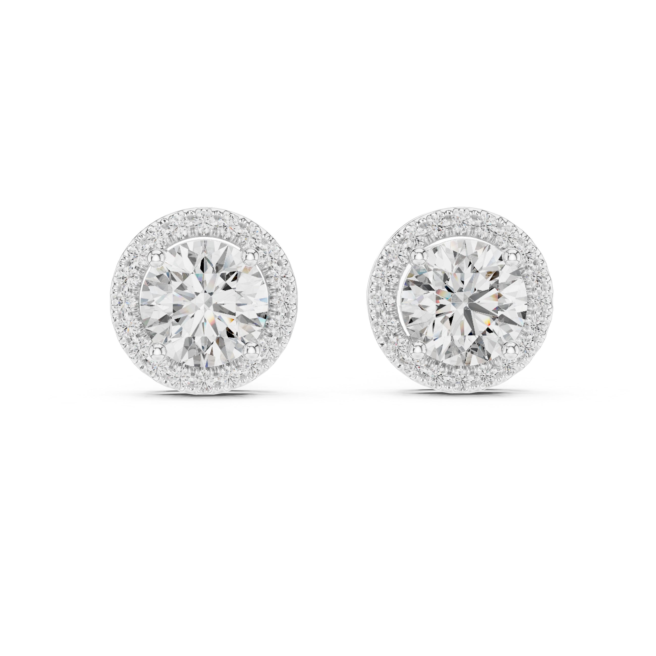Prong-set round brilliant solitaire stud earrings with a stone-set round halo border