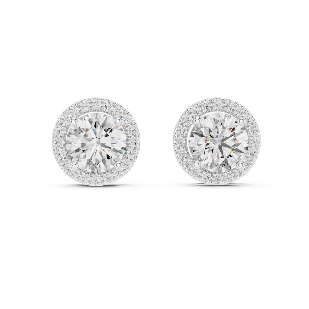 Prong-set round brilliant solitaire stud earrings with a stone-set round halo border